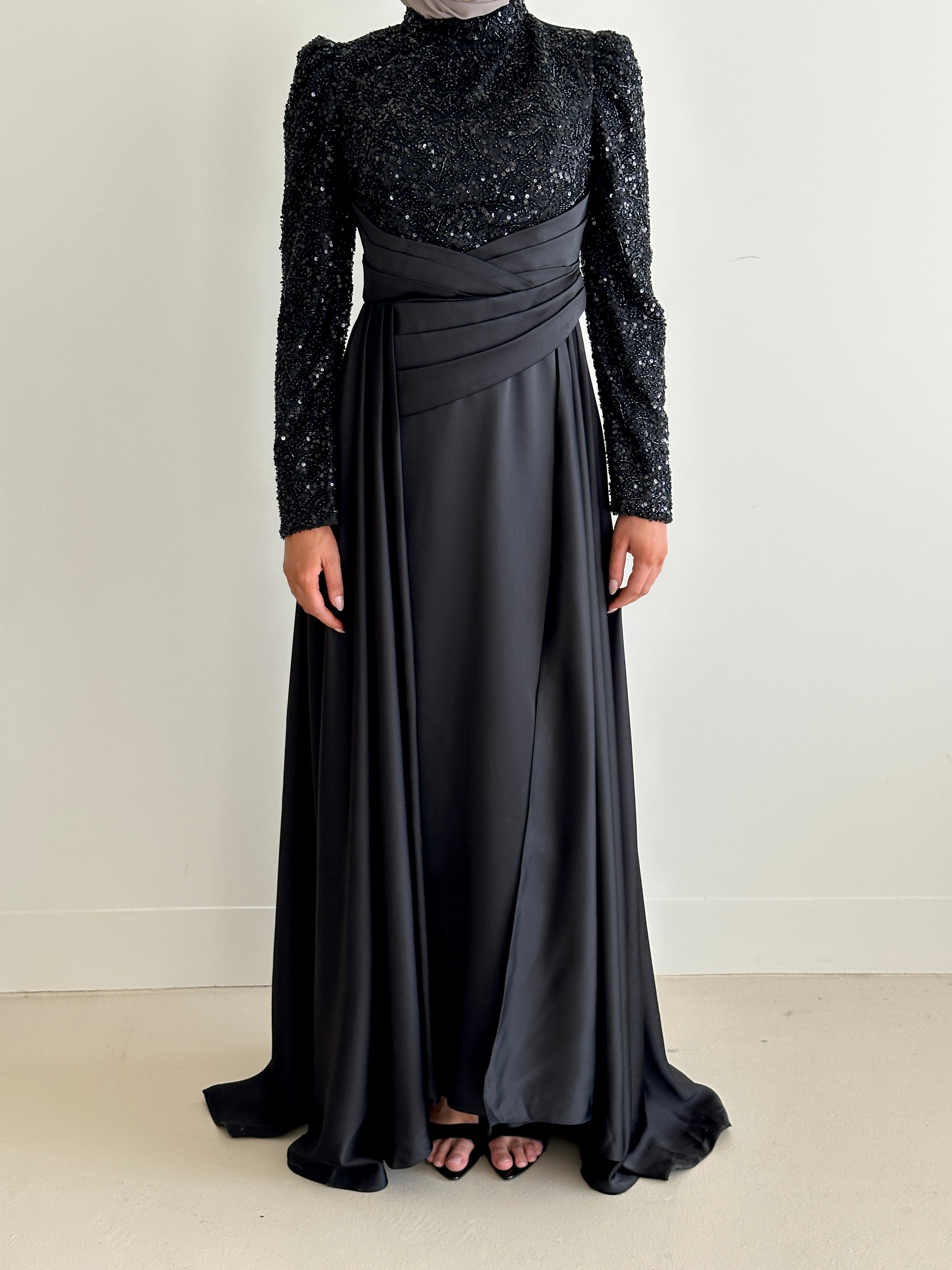 women's modest formal evening dress black with sequins and satin for any event