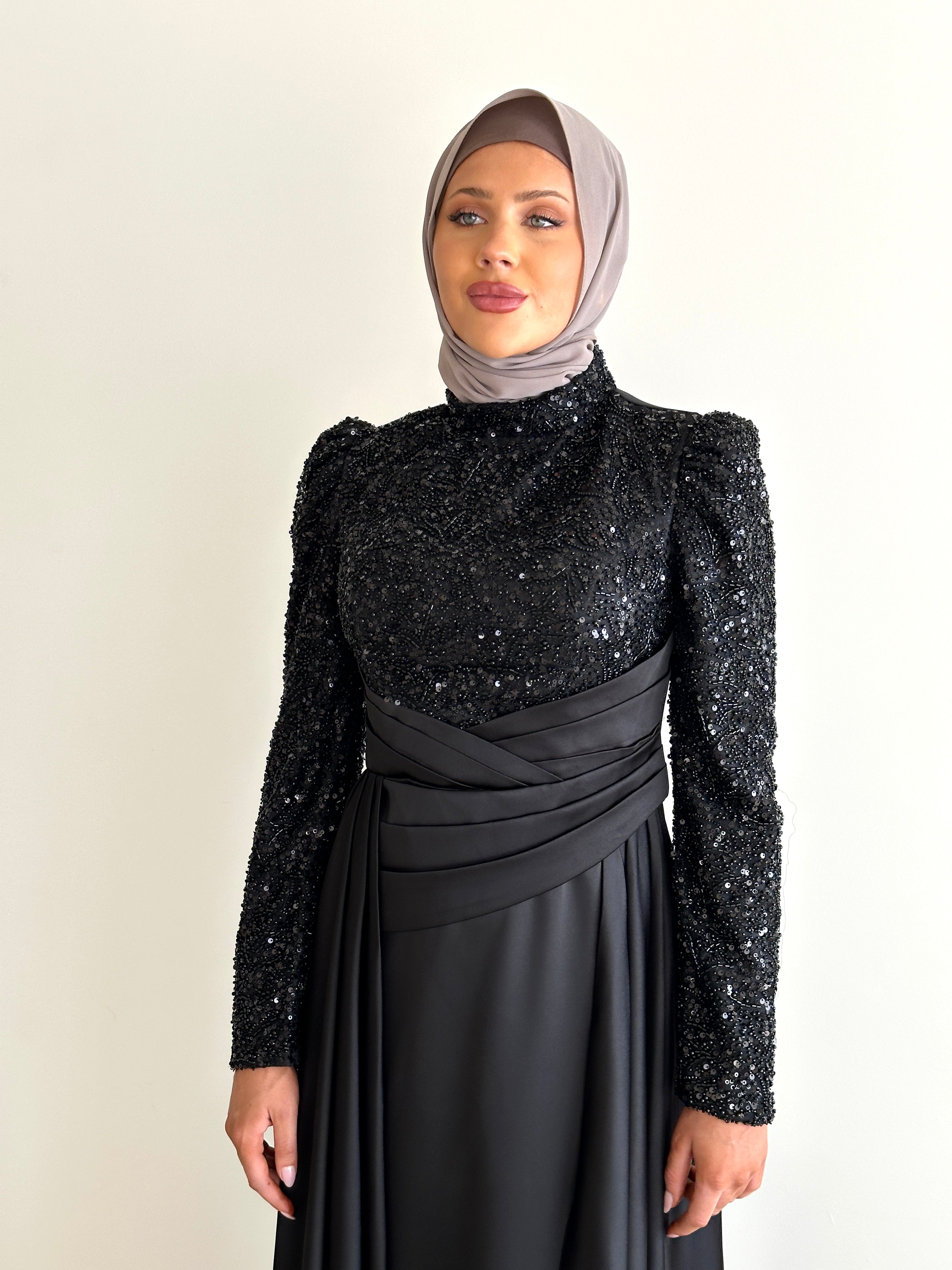women's modest formal evening dress black with sequins and satin for any event