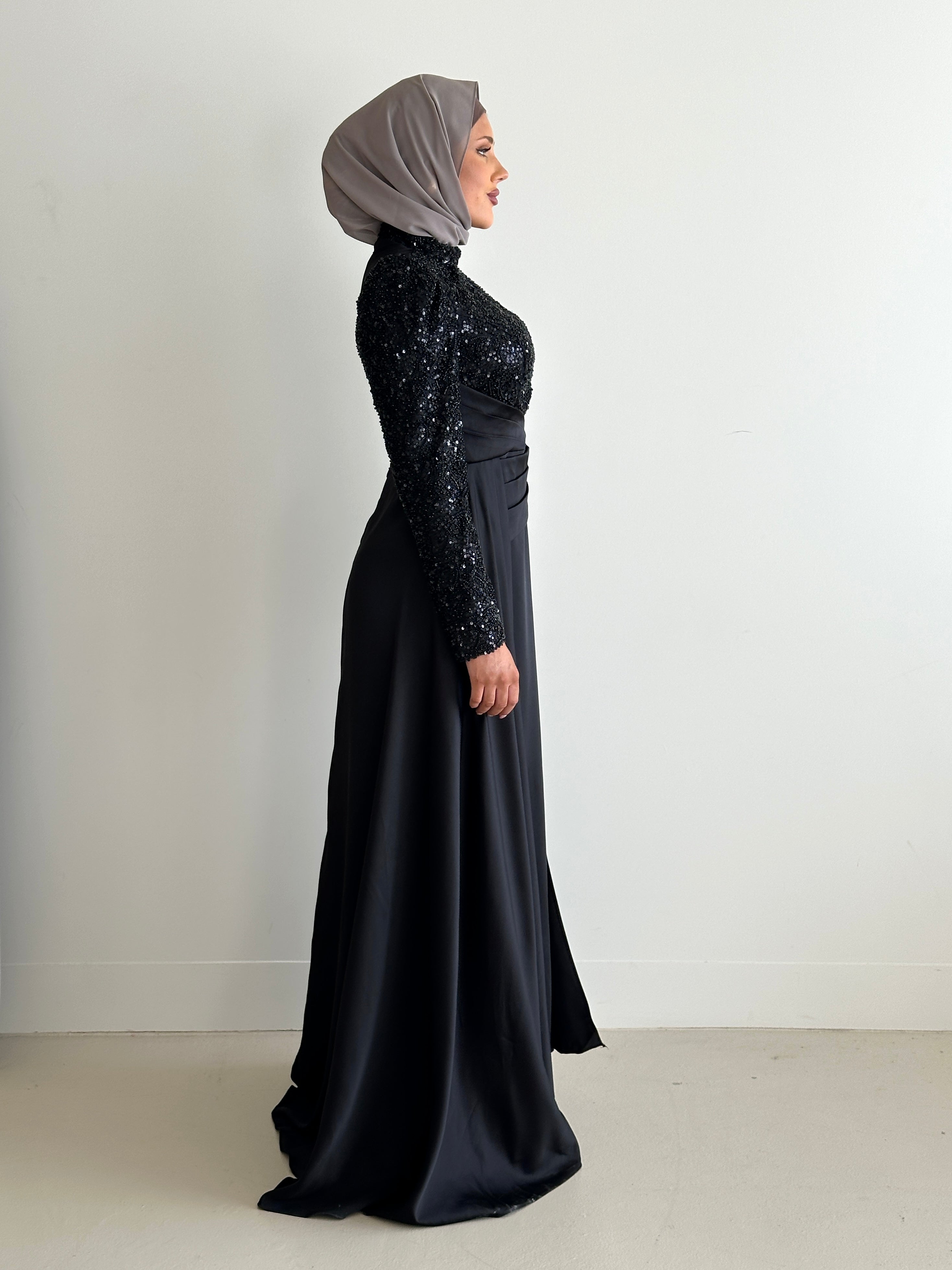 women's modest formal evening dress black with sequins and satin for any event