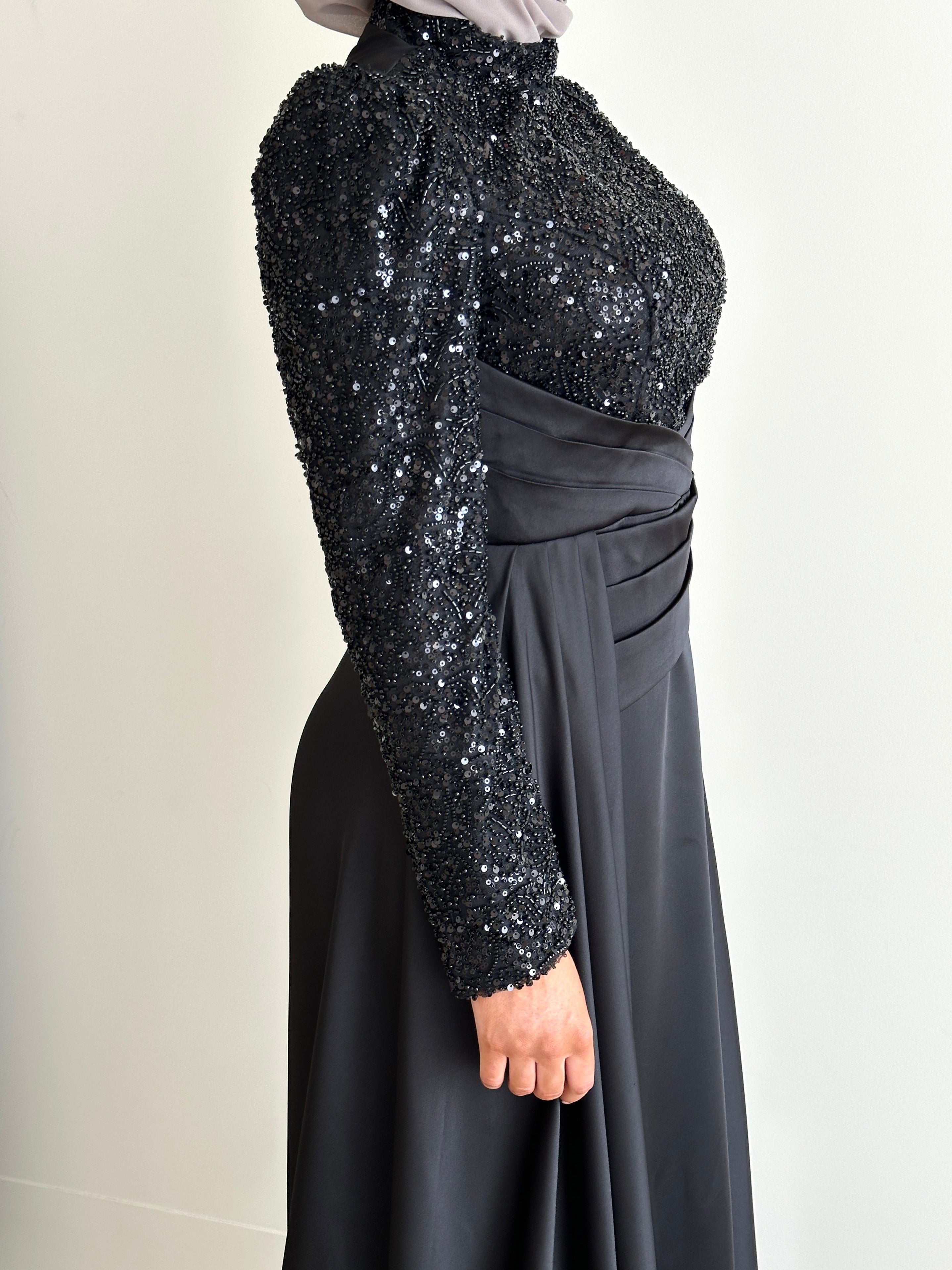 women's modest formal evening dress black with sequins and satin for any event