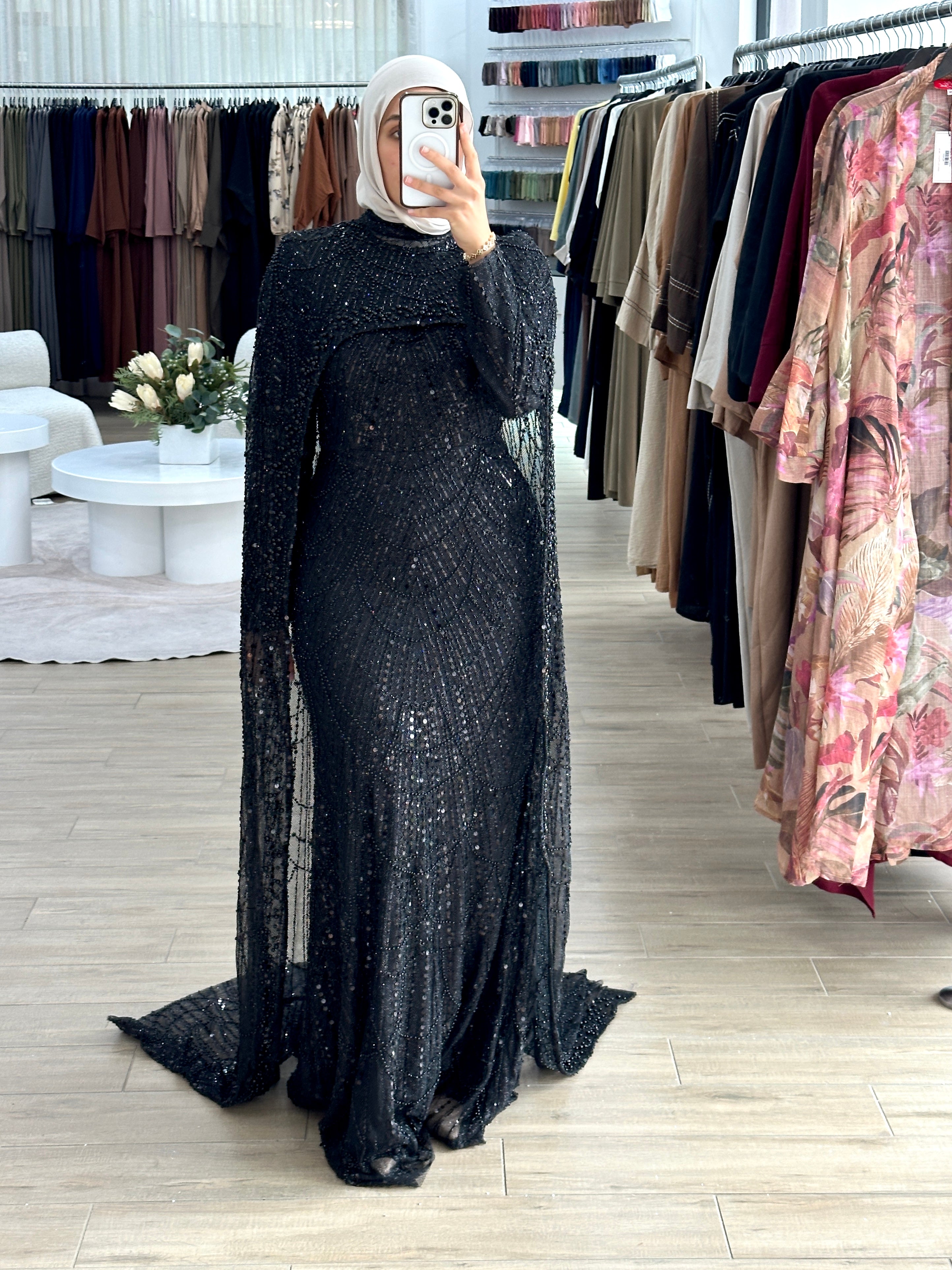 women's black formal gown- 2piece, includes full length sequins dress and a cape . modest and long sleeve, suitable for hijab. wear to any formal occasion, engagement, wedding, any event.