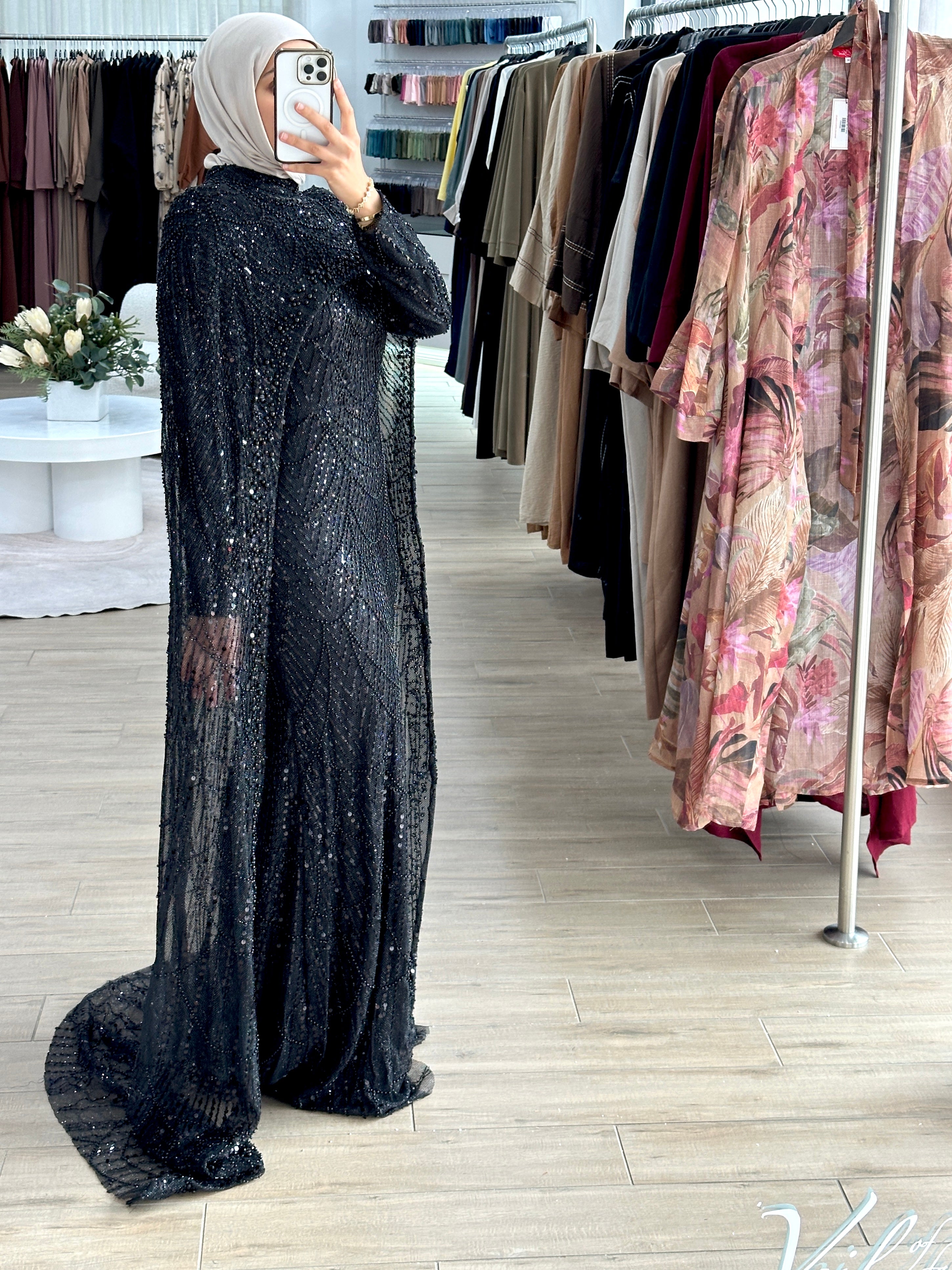 women's black formal gown- 2piece, includes full length sequins dress and a cape . modest and long sleeve, suitable for hijab. wear to any formal occasion, engagement, wedding, any event.