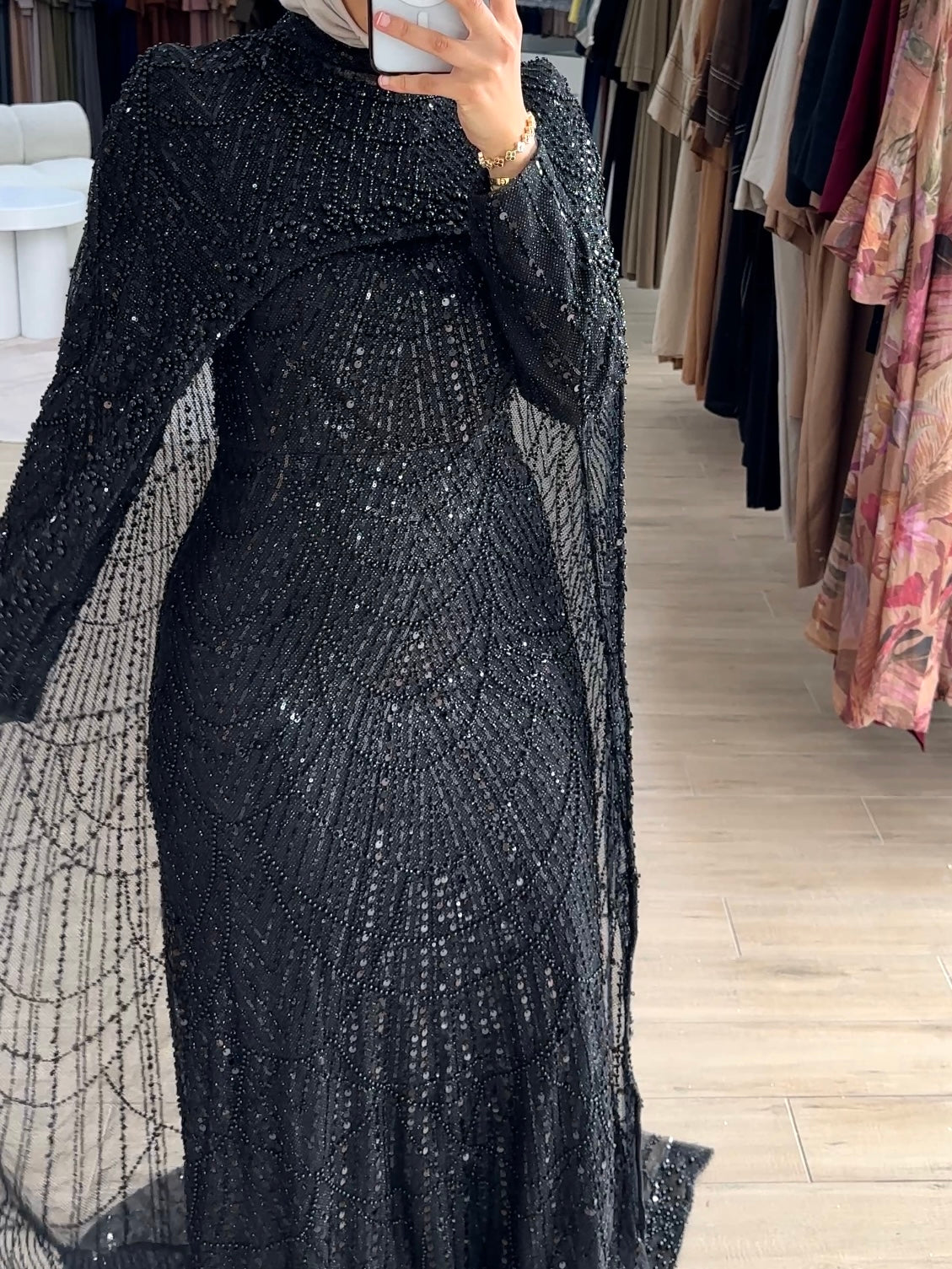 women's black formal gown- 2piece, includes full length sequins dress and a cape . modest and long sleeve, suitable for hijab. wear to any formal occasion, engagement, wedding, any event.