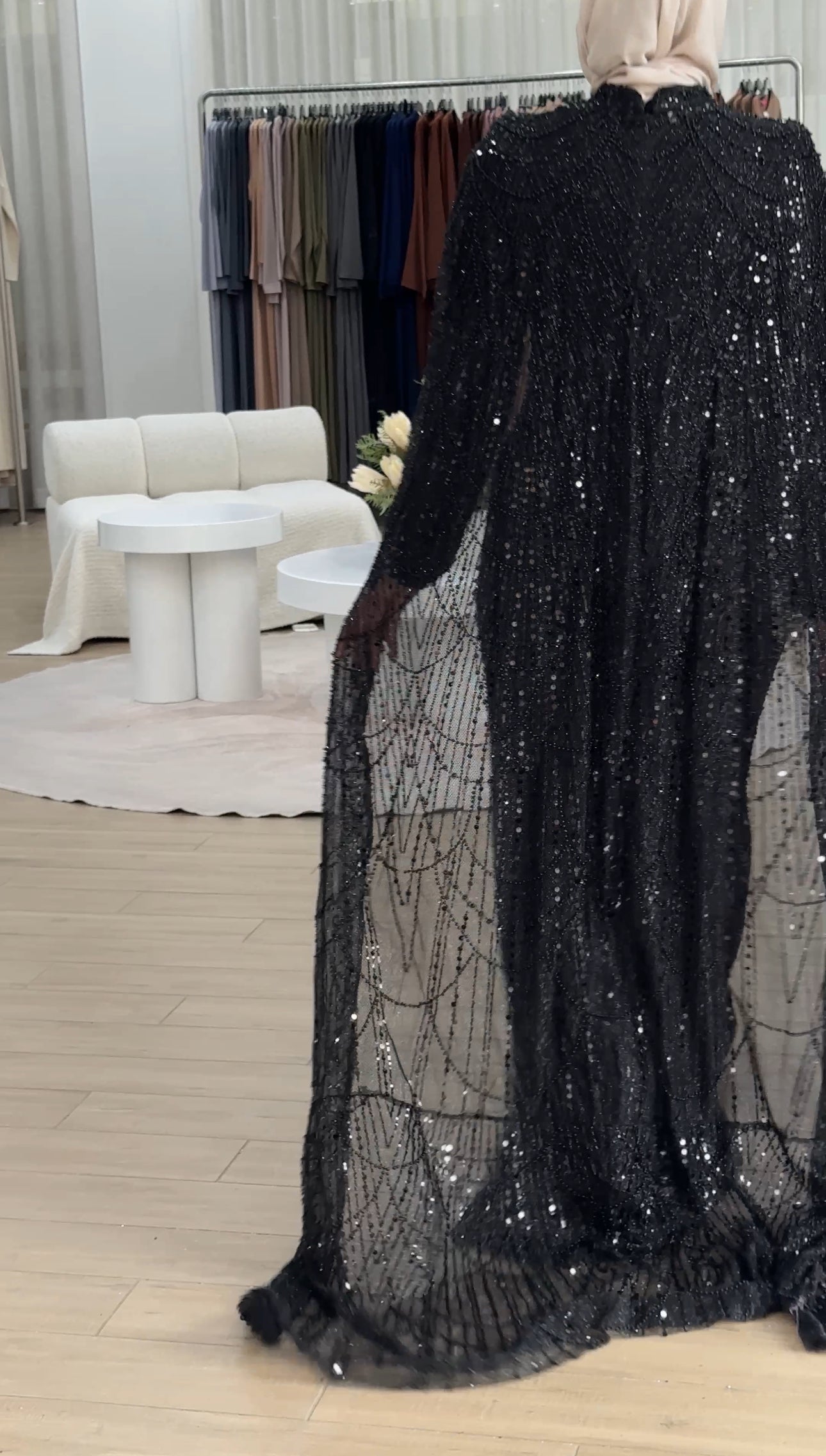 women's black formal gown- 2piece, includes full length sequins dress and a cape . modest and long sleeve, suitable for hijab. wear to any formal occasion, engagement, wedding, any event.