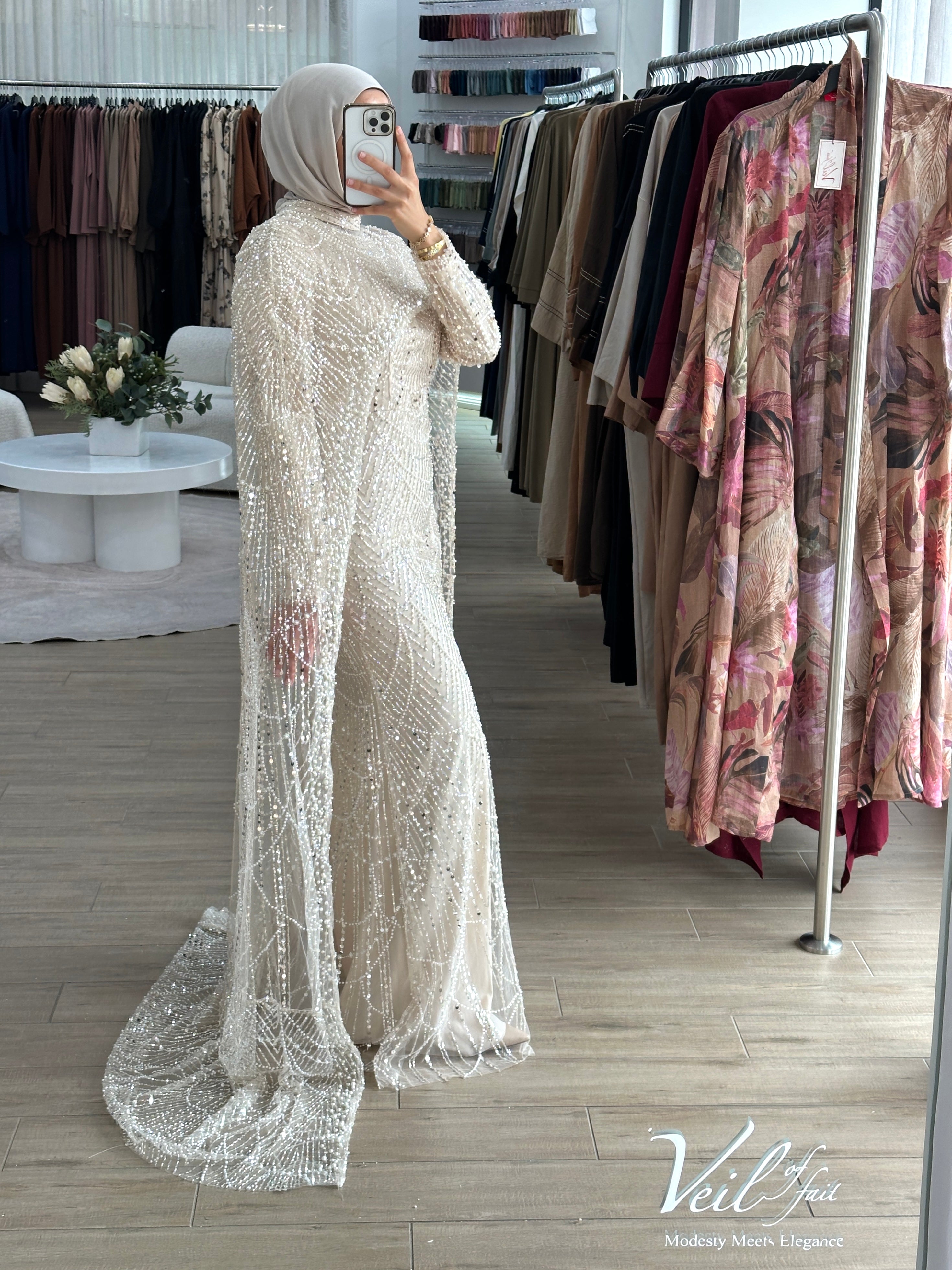 women's champagne formal gown- 2piece, includes full length sequins dress and a cape . modest and long sleeve, suitable for hijab. wear to any formal occasion, engagement, wedding, bridal, any event.