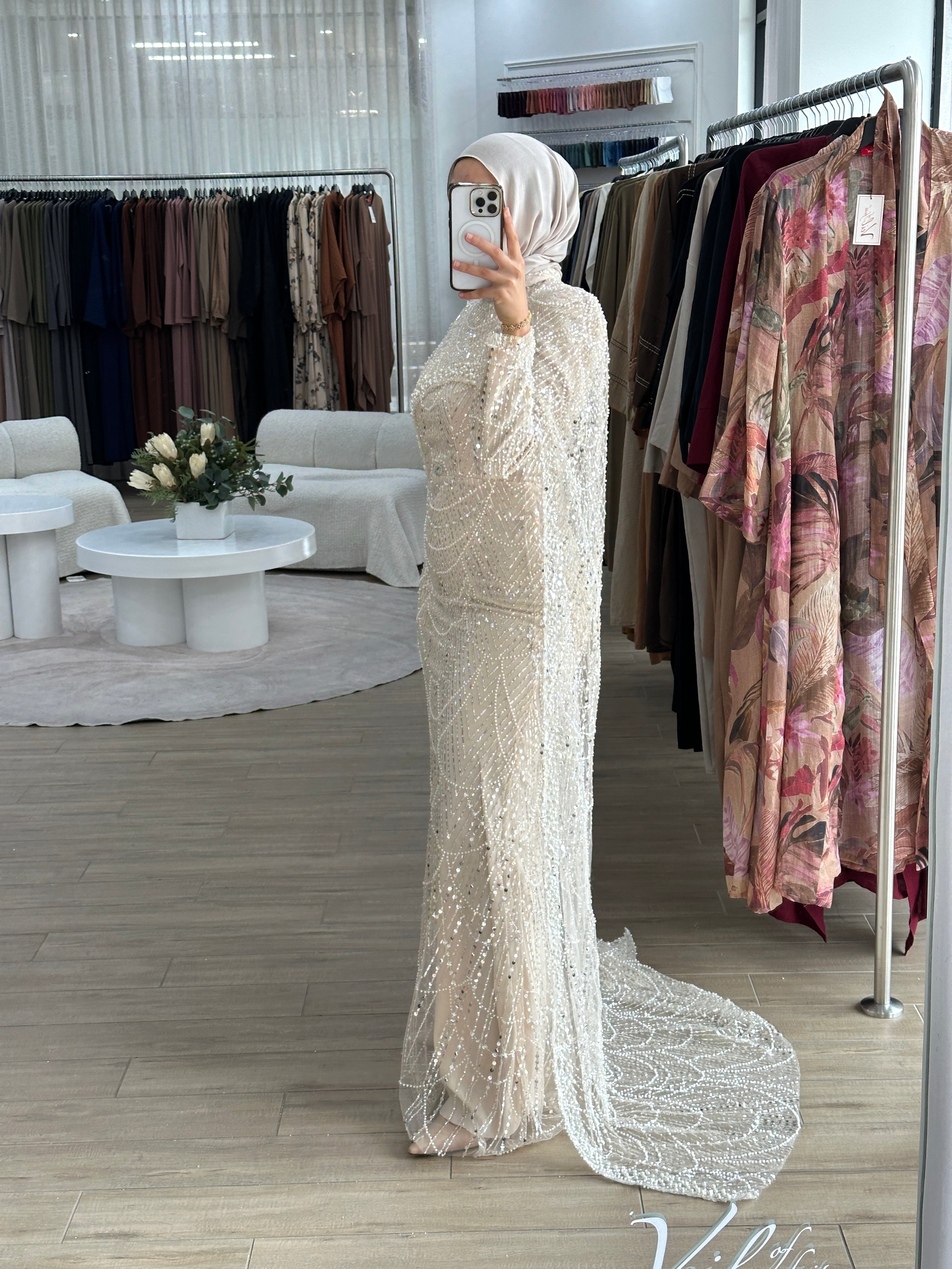 women's champagne formal gown- 2piece, includes full length sequins dress and a cape . modest and long sleeve, suitable for hijab. wear to any formal occasion, engagement, wedding, bridal, any event.