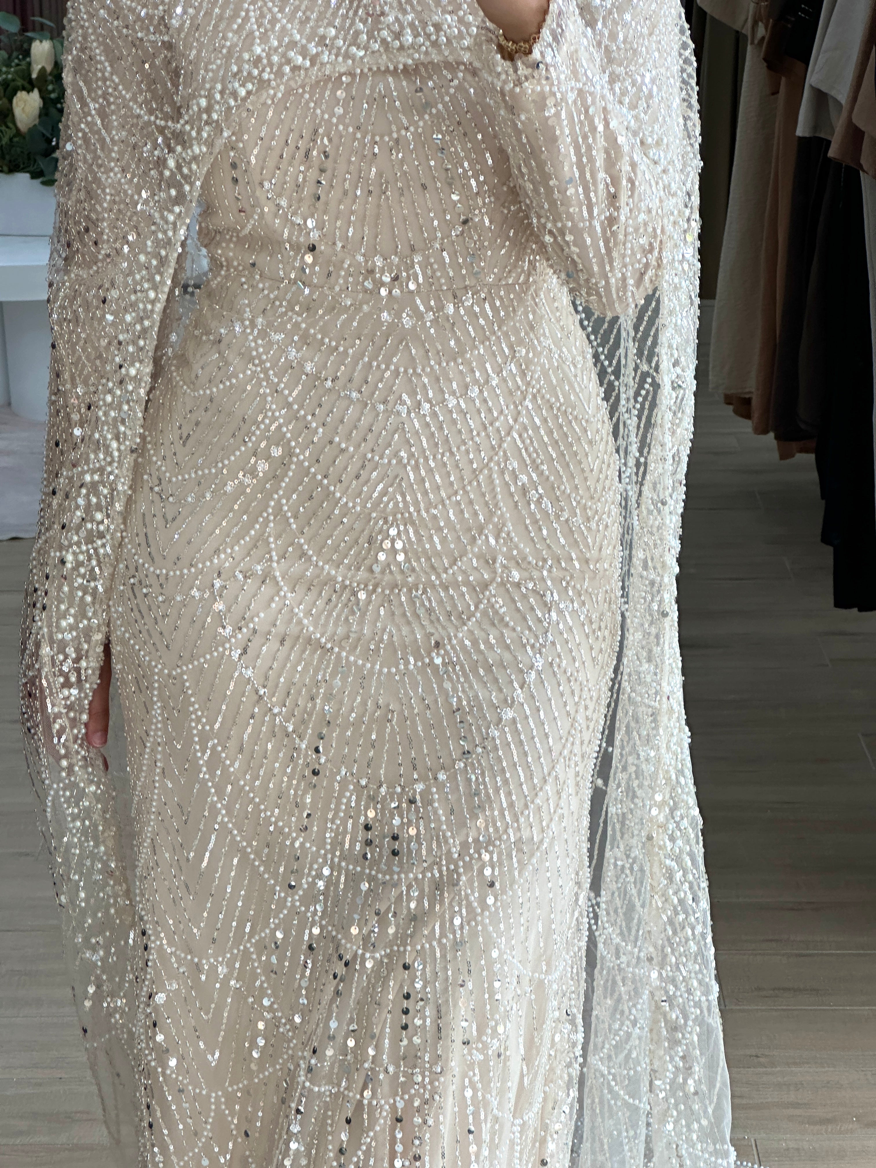 women's champagne formal gown- 2piece, includes full length sequins dress and a cape . modest and long sleeve, suitable for hijab. wear to any formal occasion, engagement, wedding, bridal, any event.