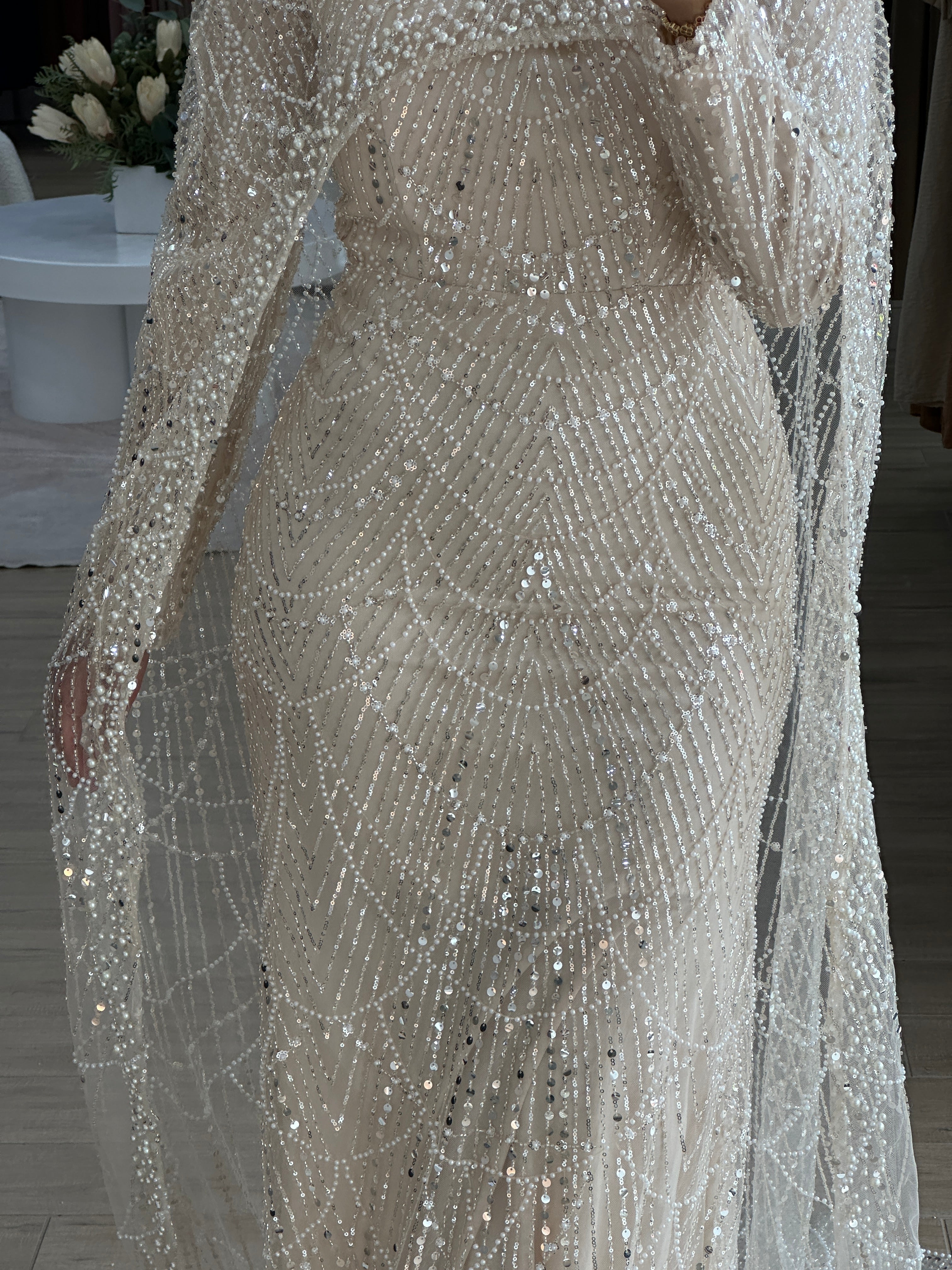 women's champagne formal gown- 2piece, includes full length sequins dress and a cape . modest and long sleeve, suitable for hijab. wear to any formal occasion, engagement, wedding, bridal, any event.