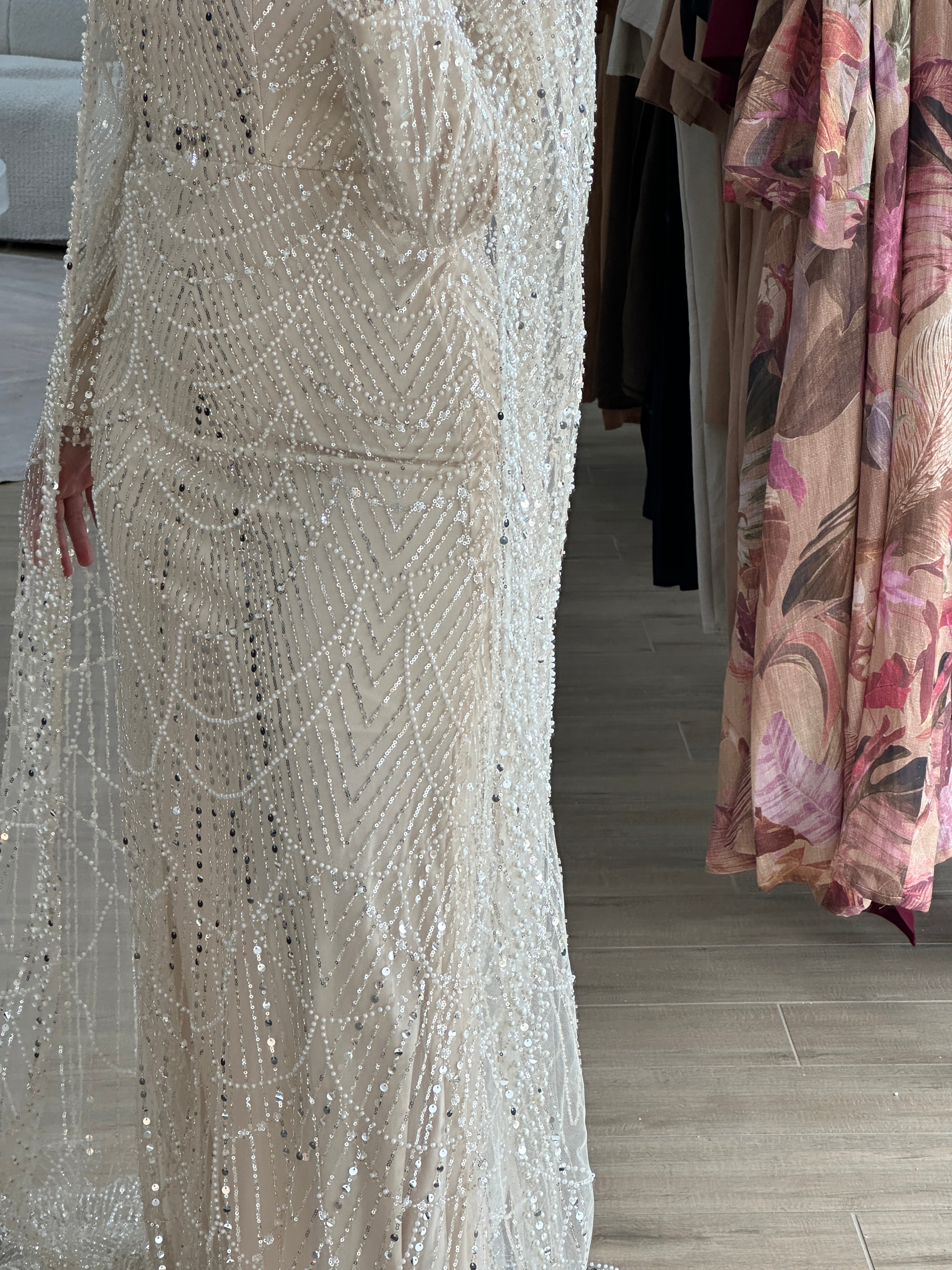 women's champagne formal gown- 2piece, includes full length sequins dress and a cape . modest and long sleeve, suitable for hijab. wear to any formal occasion, engagement, wedding, bridal, any event.