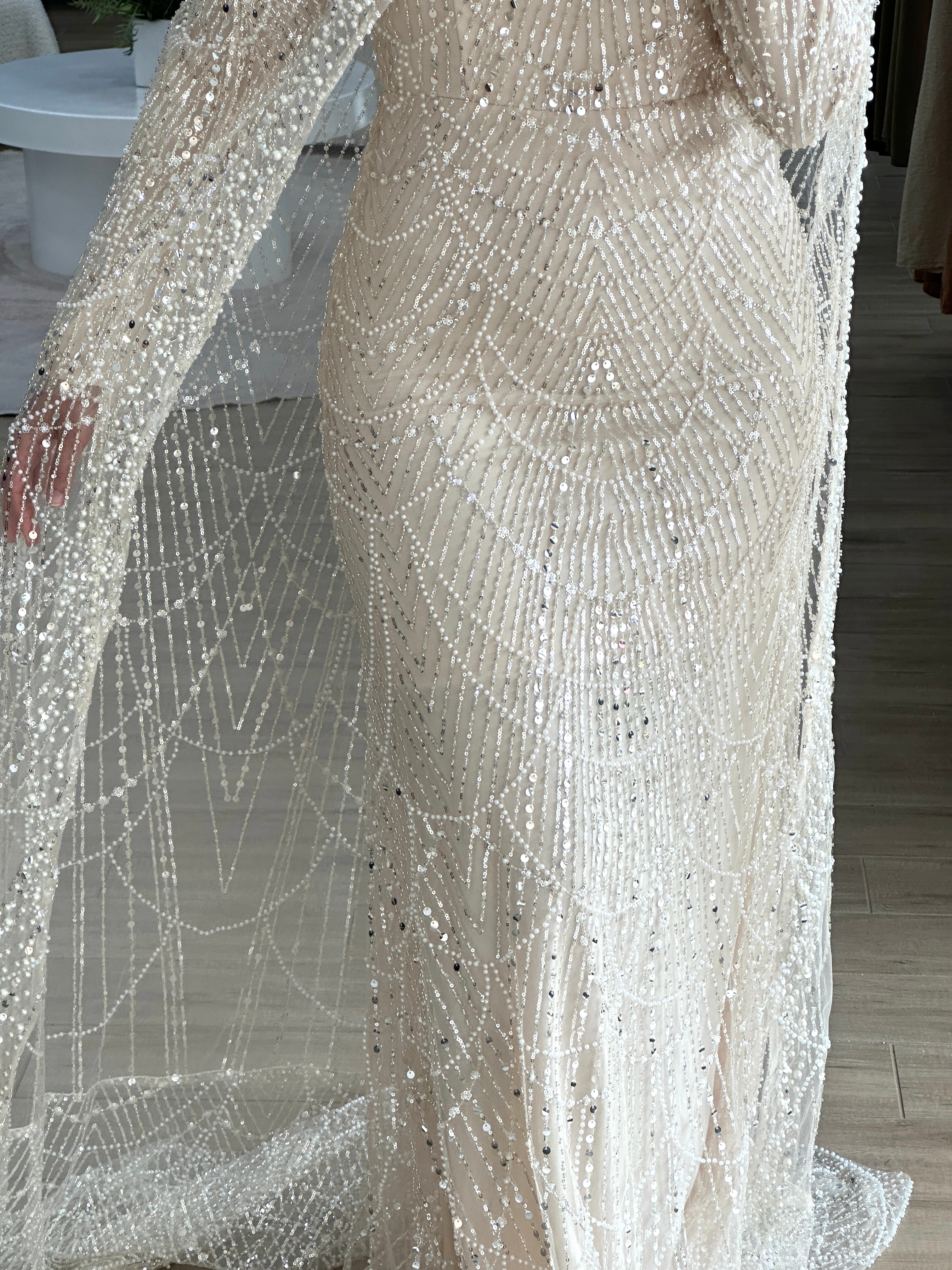 women's champagne formal gown- 2piece, includes full length sequins dress and a cape . modest and long sleeve, suitable for hijab. wear to any formal occasion, engagement, wedding, bridal, any event.