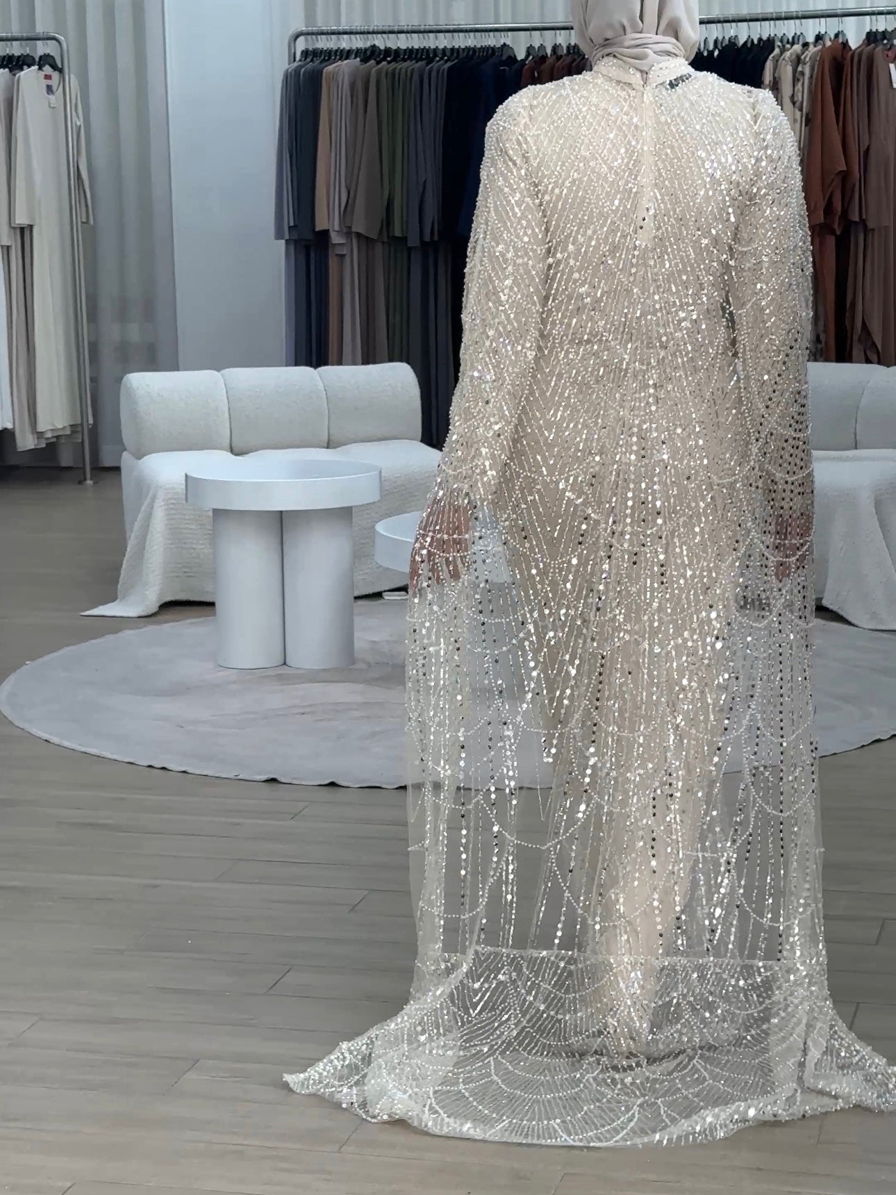 women's champagne formal gown- 2piece, includes full length sequins dress and a cape . modest and long sleeve, suitable for hijab. wear to any formal occasion, engagement, wedding, bridal, any event.