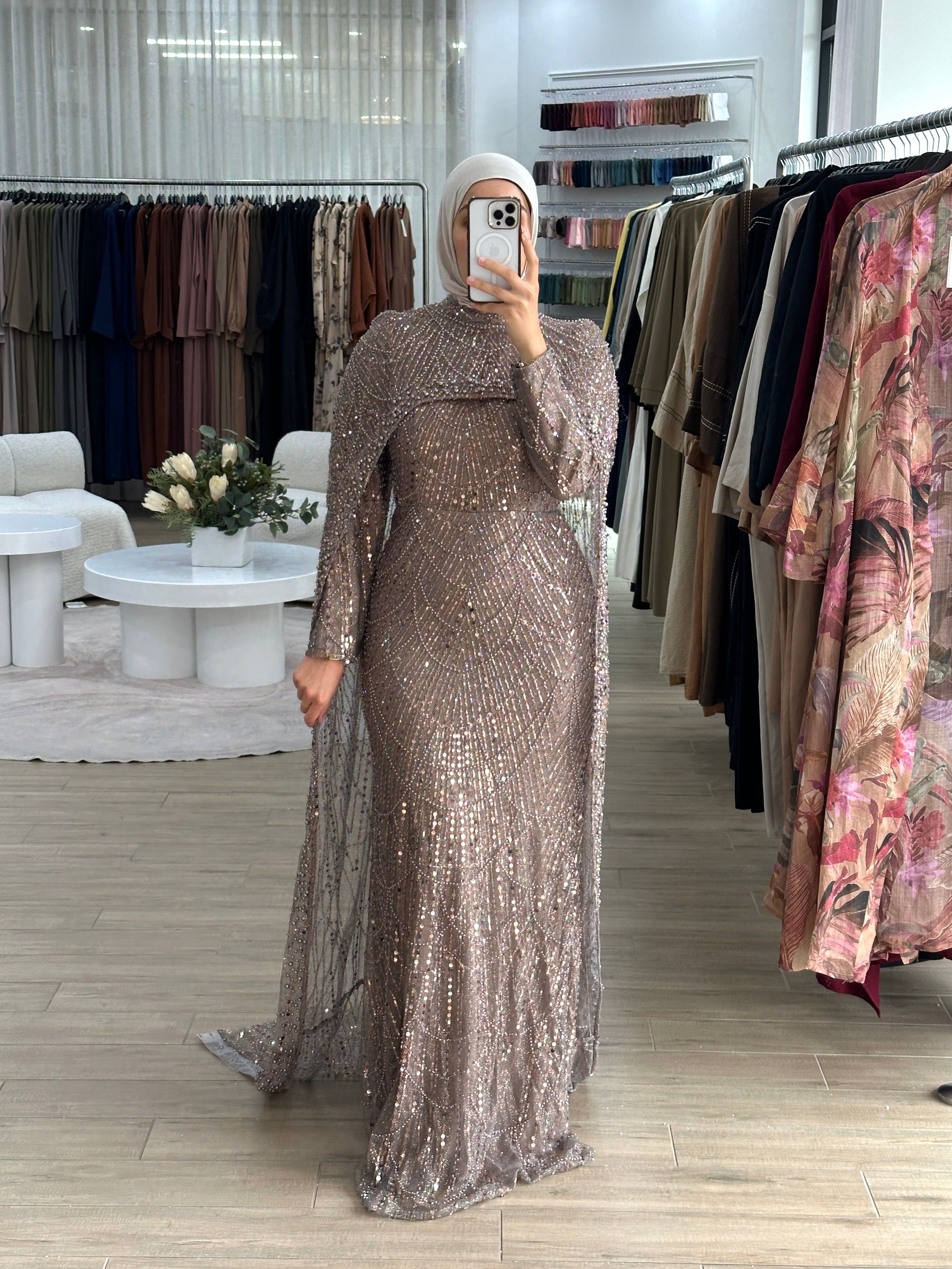 women's mauve formal gown- 2piece, includes full length sequins dress and a cape . modest and long sleeve, suitable for hijab. wear to any formal occasion, engagement, wedding, any event.