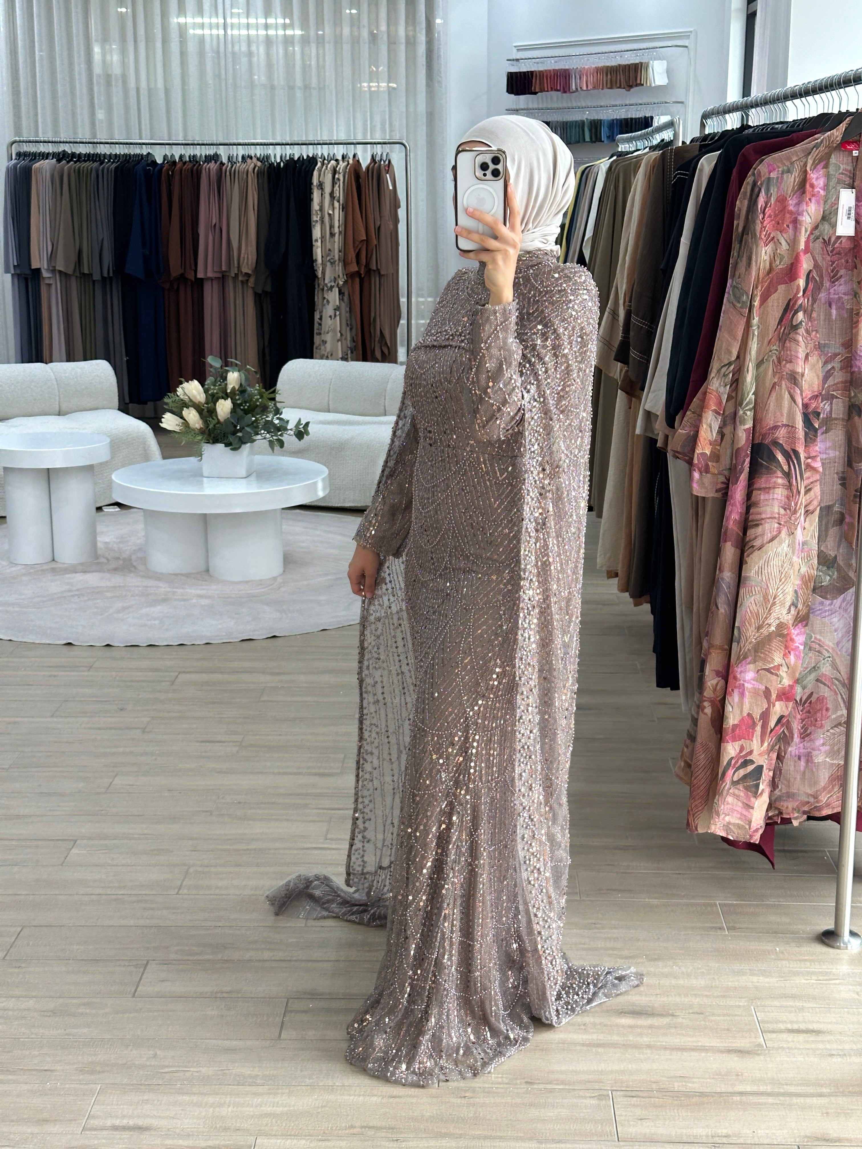 women's mauve formal gown- 2piece, includes full length sequins dress and a cape . modest and long sleeve, suitable for hijab. wear to any formal occasion, engagement, wedding, any event.