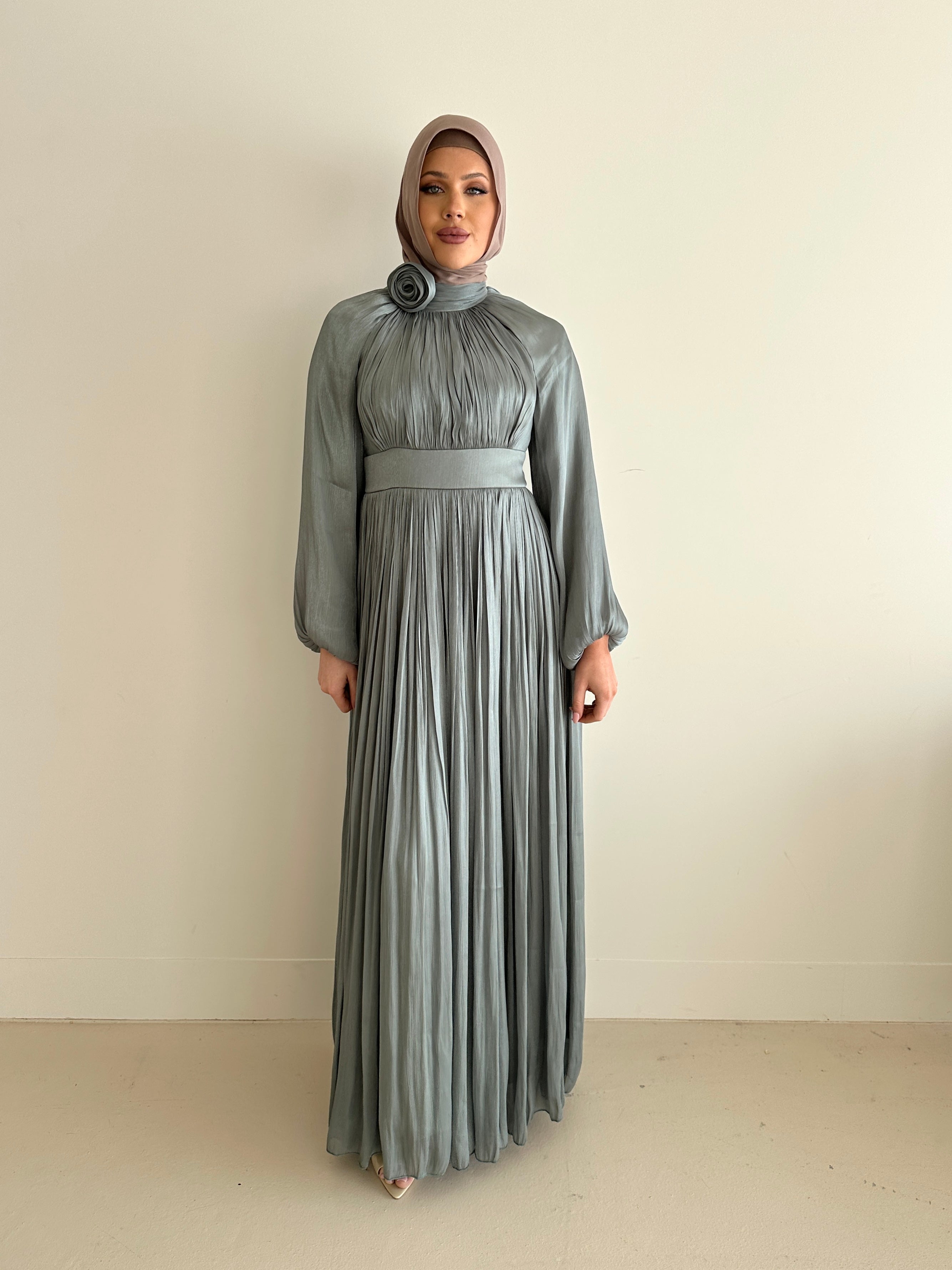 women's formal dress in green, modest, maxi, long-sleeve with full coverage.