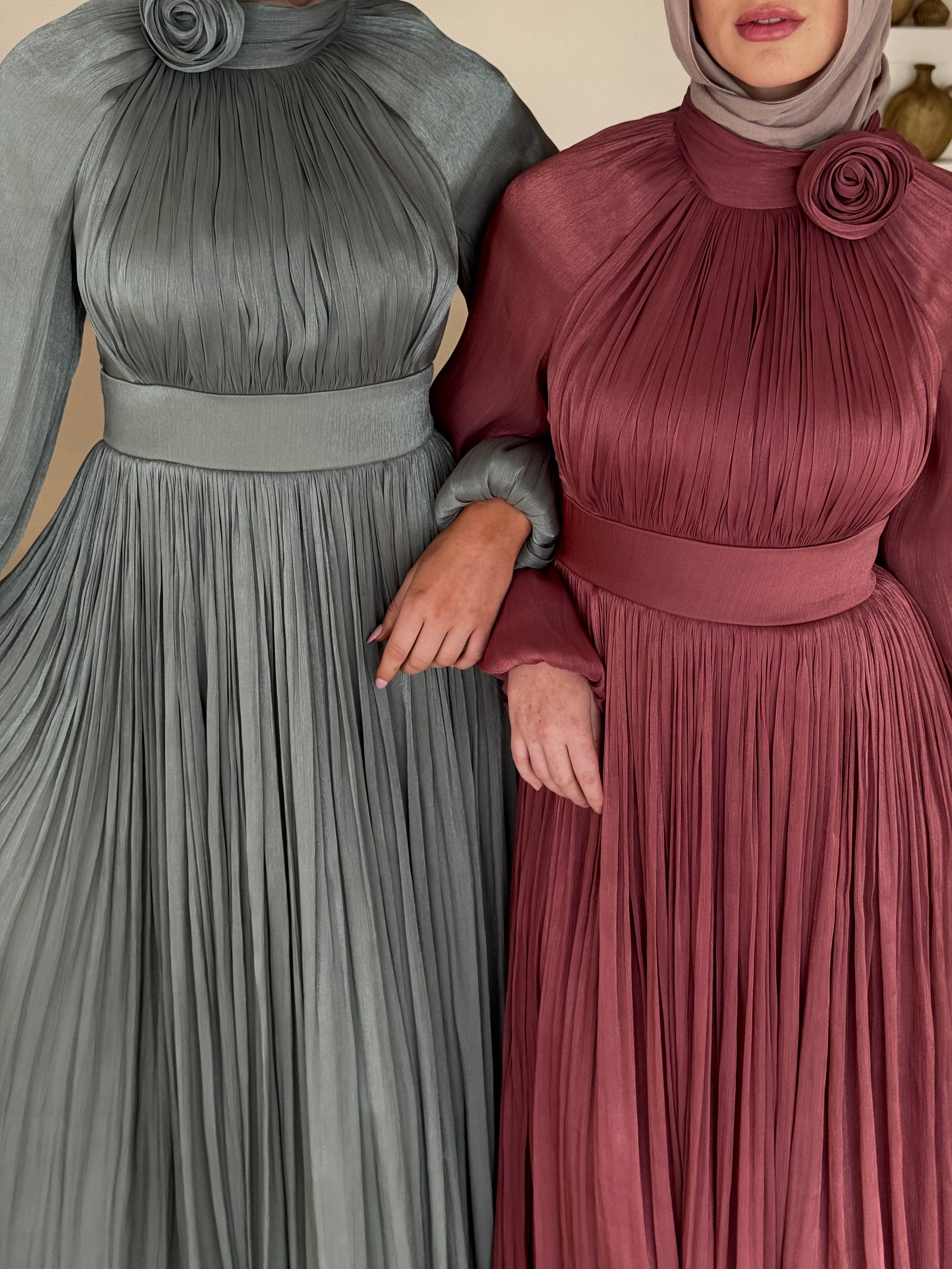 women's formal dress in green, modest, maxi, long-sleeve with full coverage.