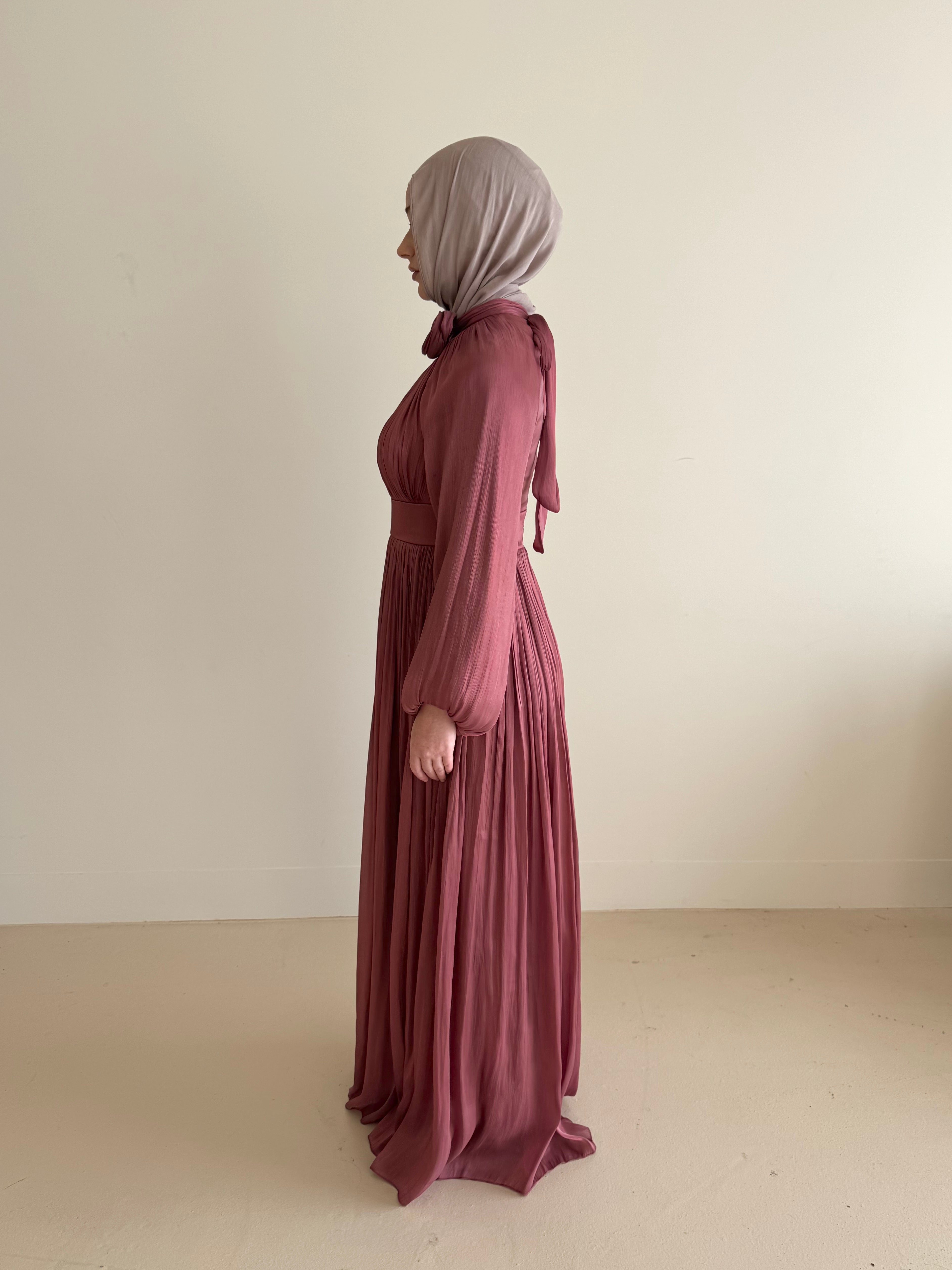 women's formal dress in rose, modest, maxi, long-sleeve with full coverage.