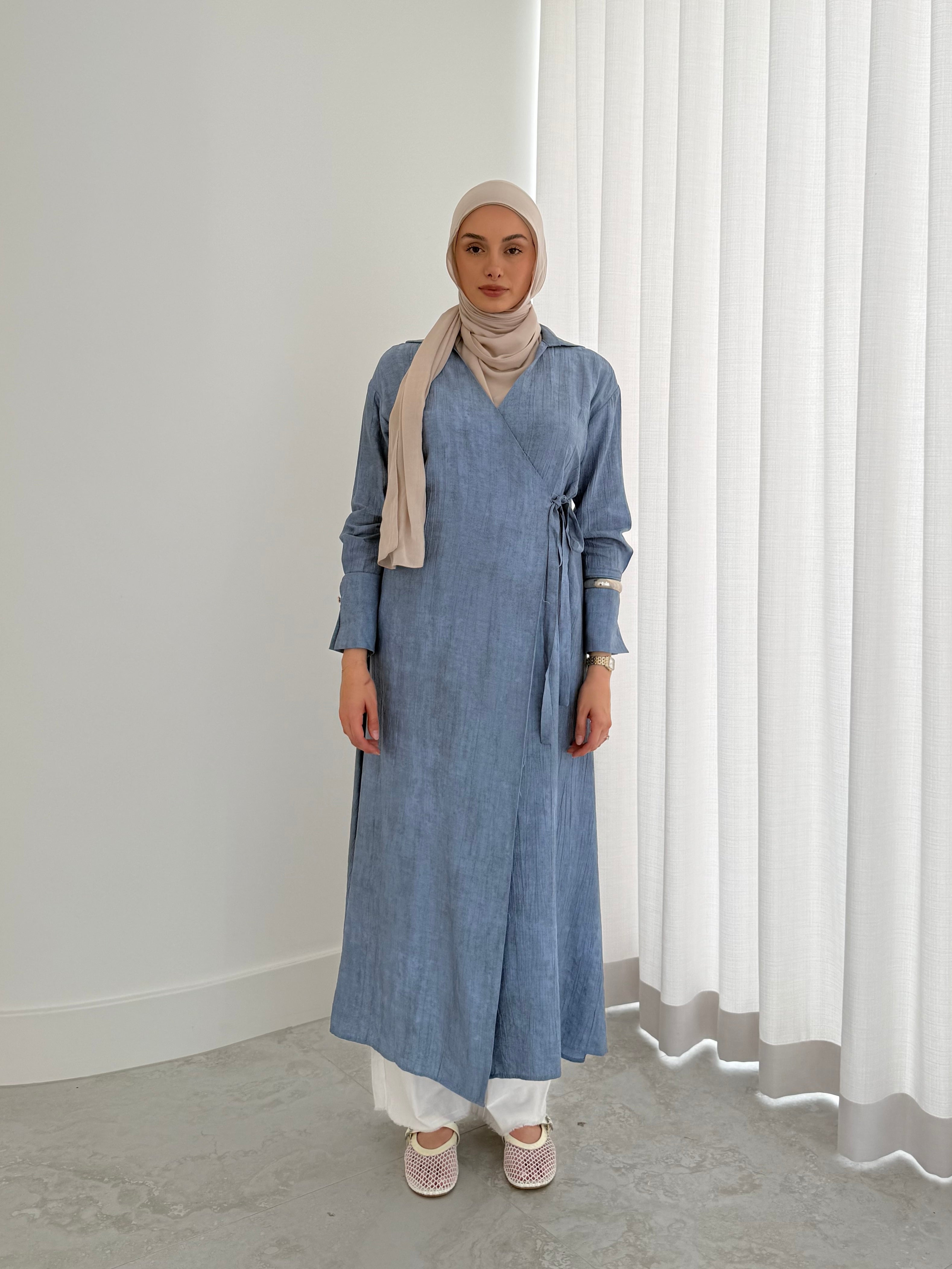 women's wrap midi dress for spring summer, light weight with modest coverage- long sleeves and breathable.