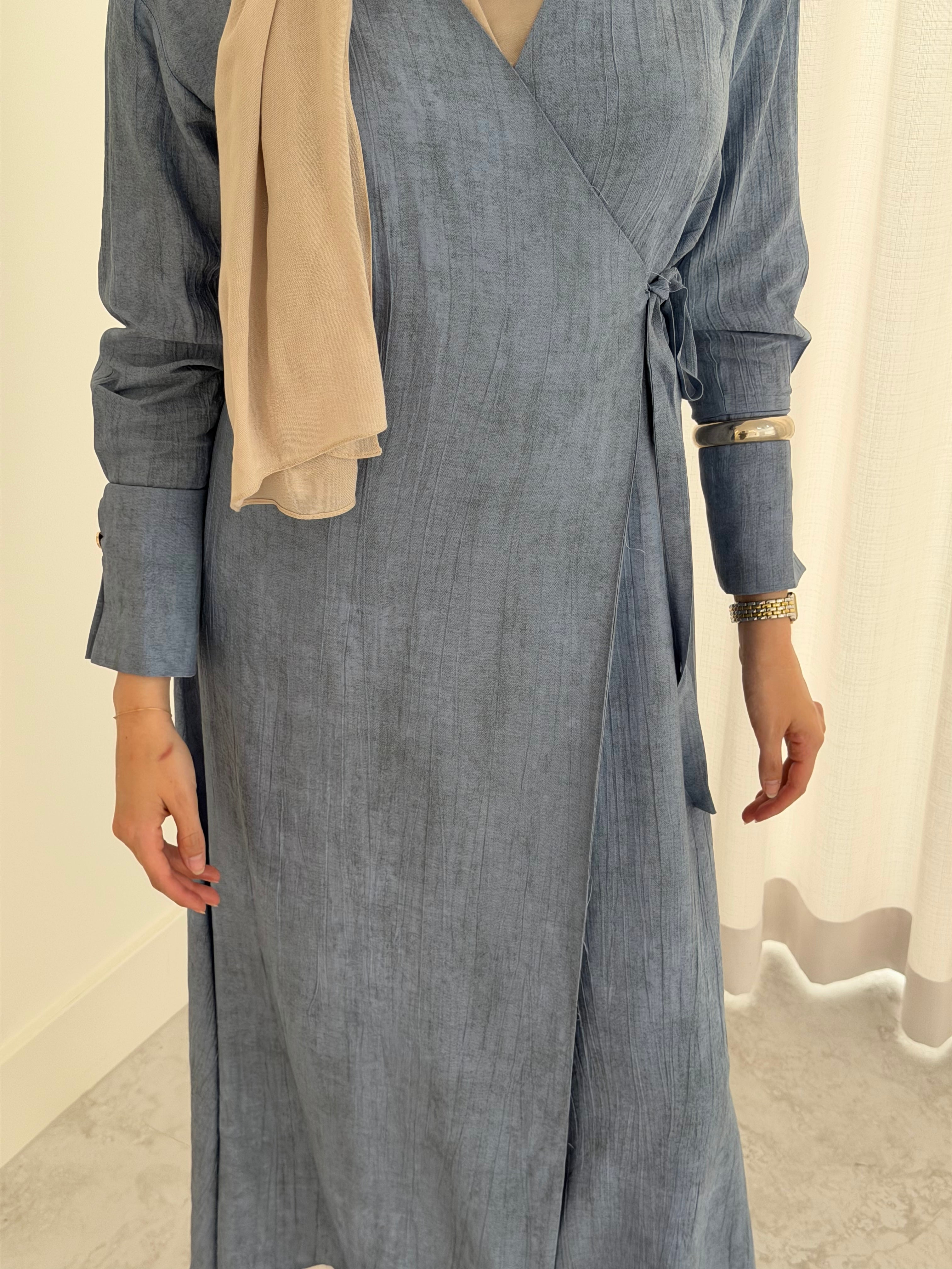 women's wrap midi dress for spring summer, light weight with modest coverage- long sleeves and breathable.