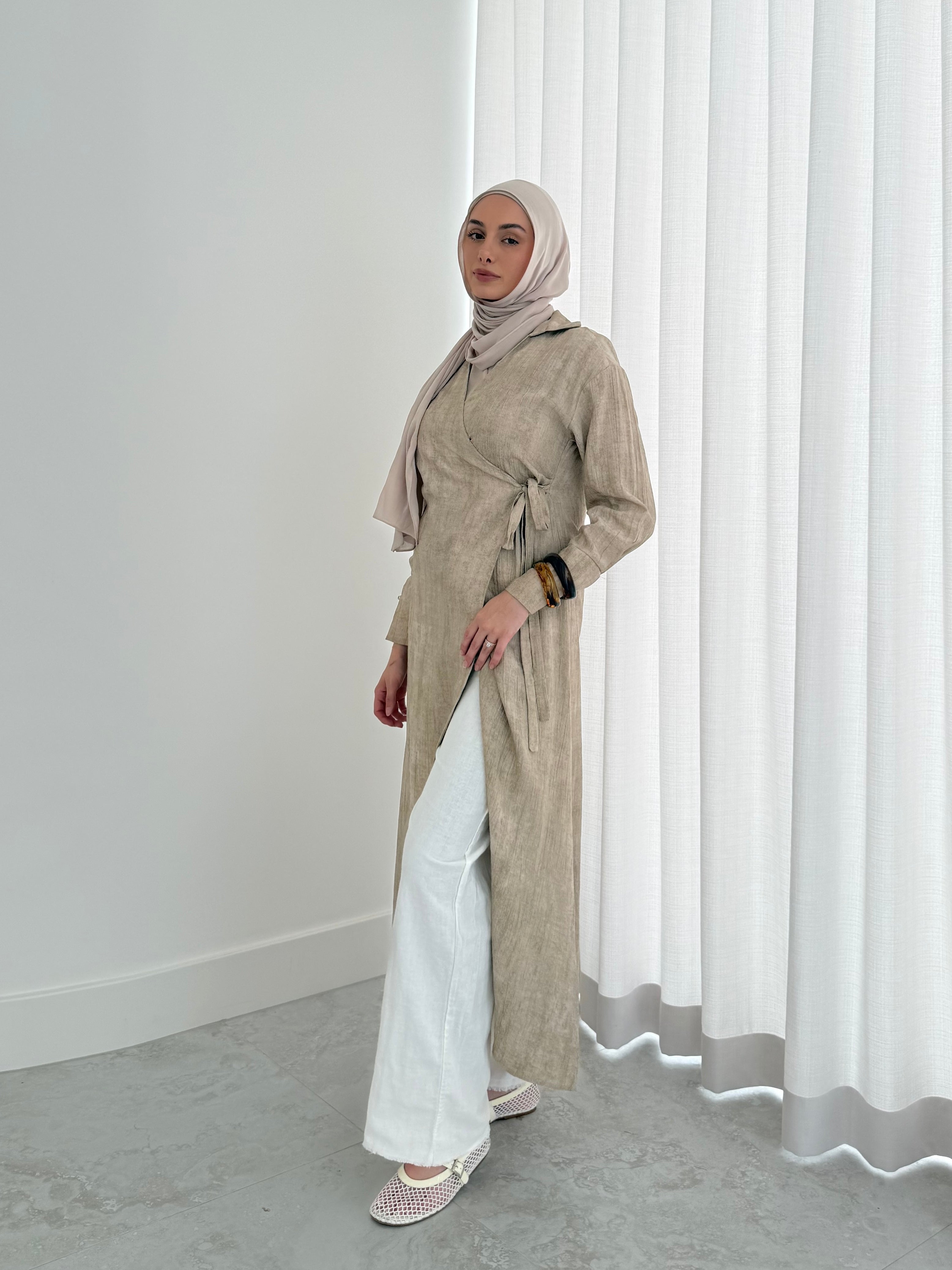 women's wrap midi dress for spring summer, light weight with modest coverage- long sleeves and breathable.