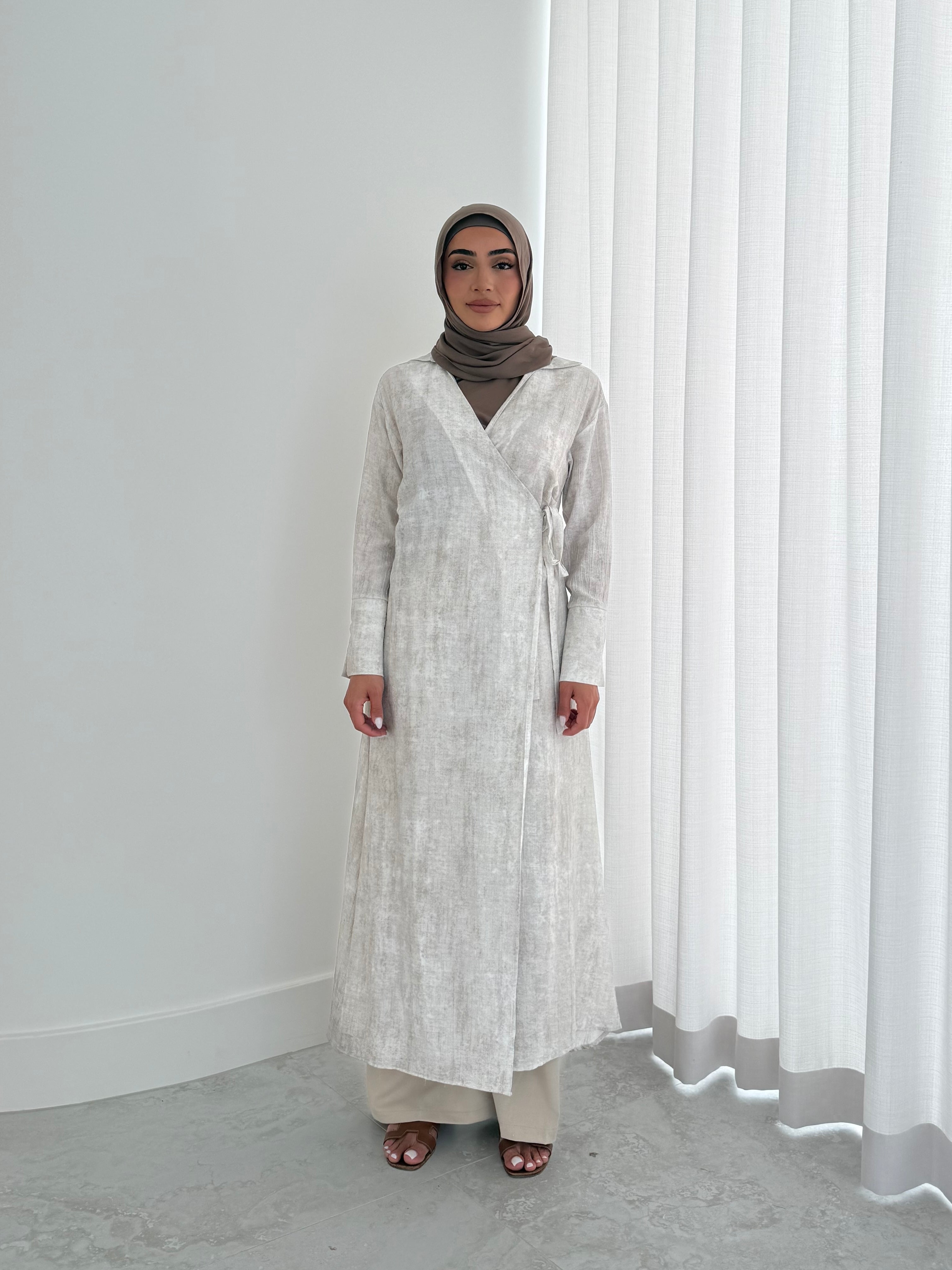 women's wrap midi dress for spring summer, light weight with modest coverage- long sleeves and breathable.