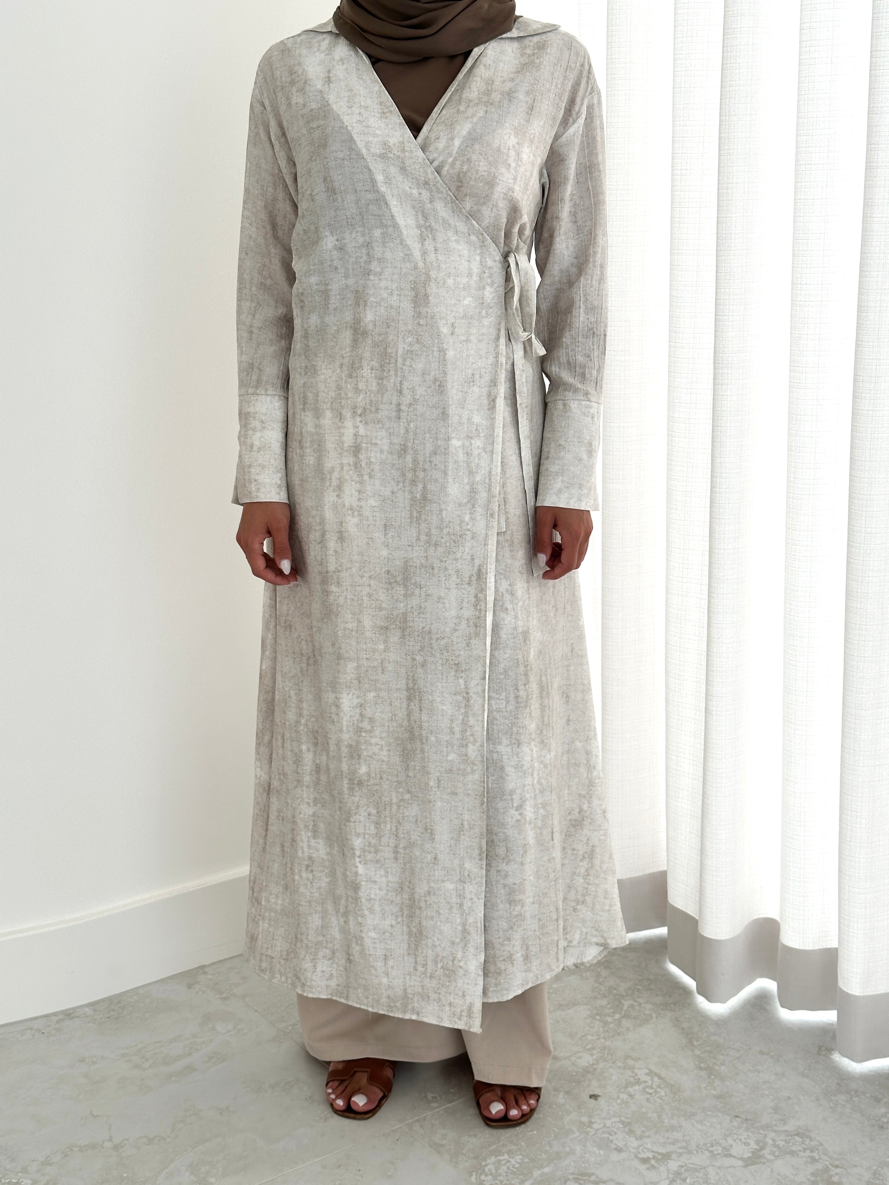 women's wrap midi dress for spring summer, light weight with modest coverage- long sleeves and breathable.