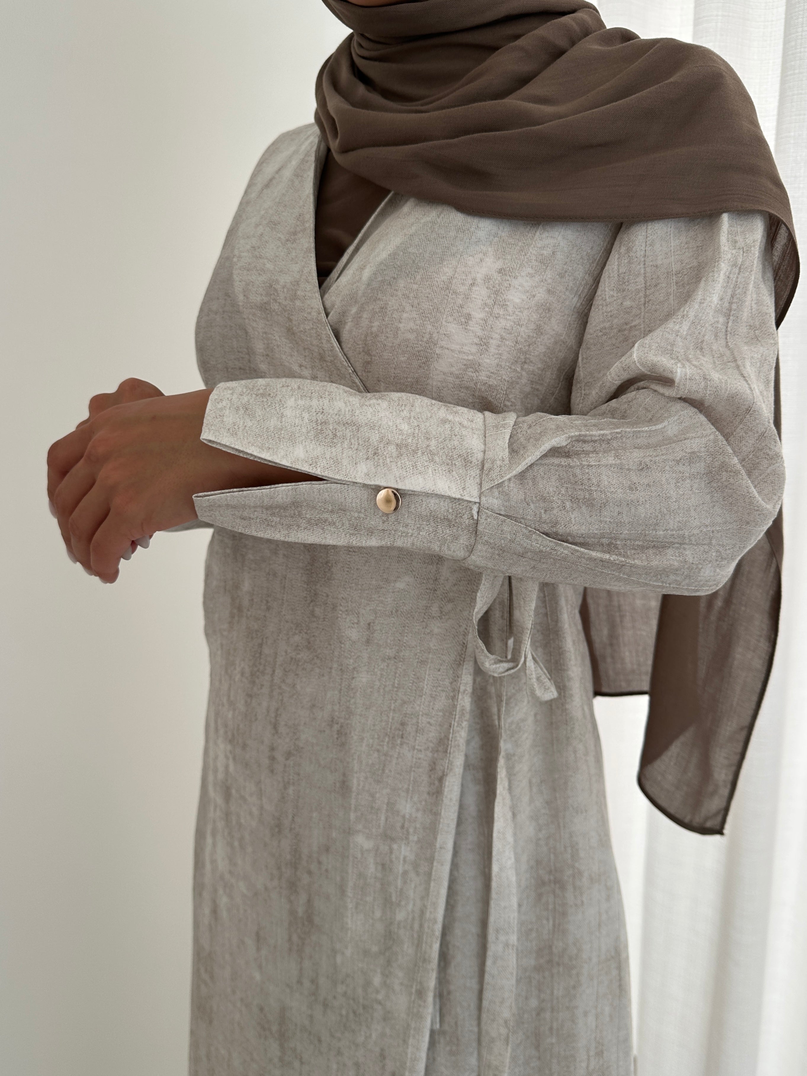 women's wrap midi dress for spring summer, light weight with modest coverage- long sleeves and breathable.