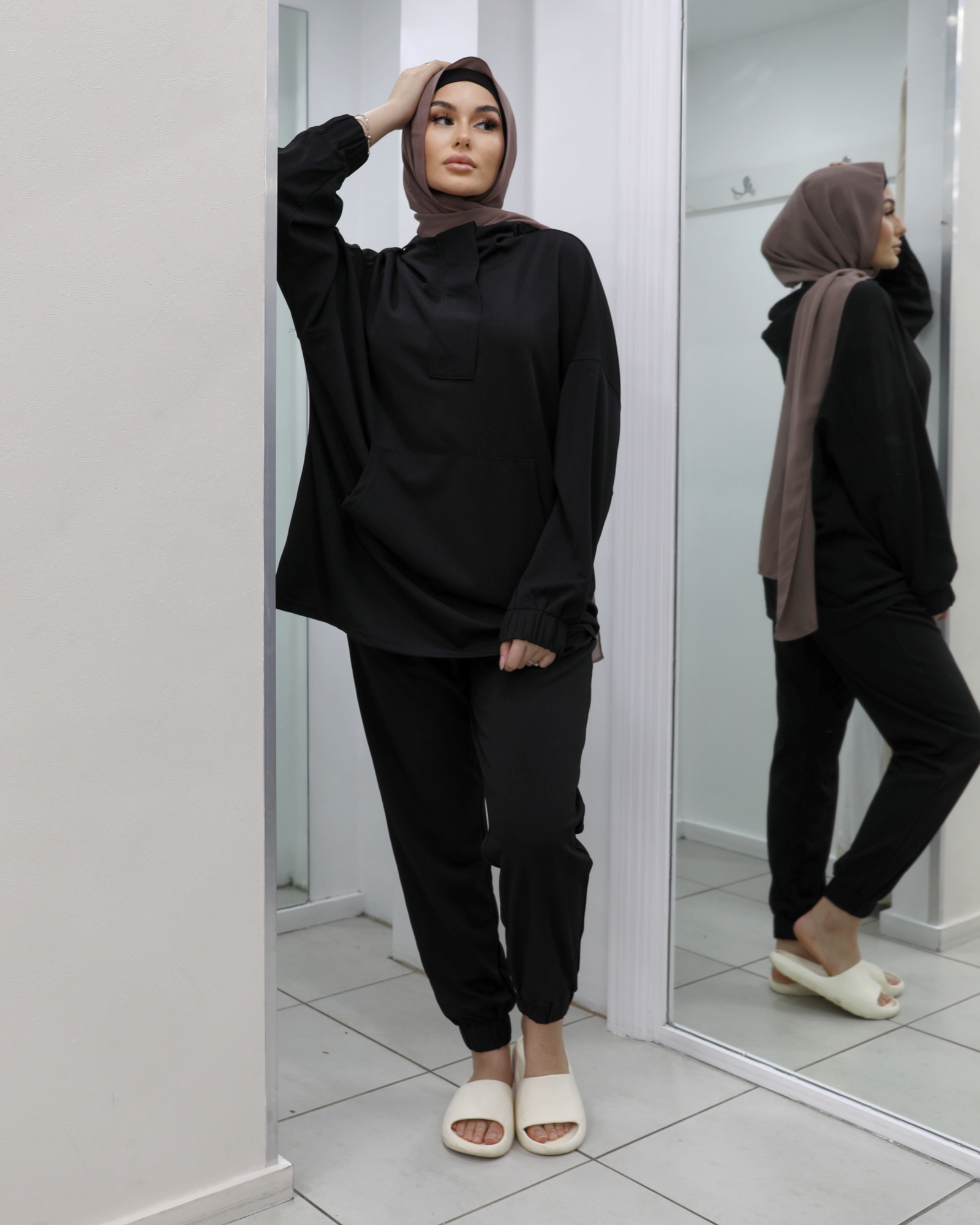 Ellani oversized trackset hooded longline top lace tie and tapered pants
