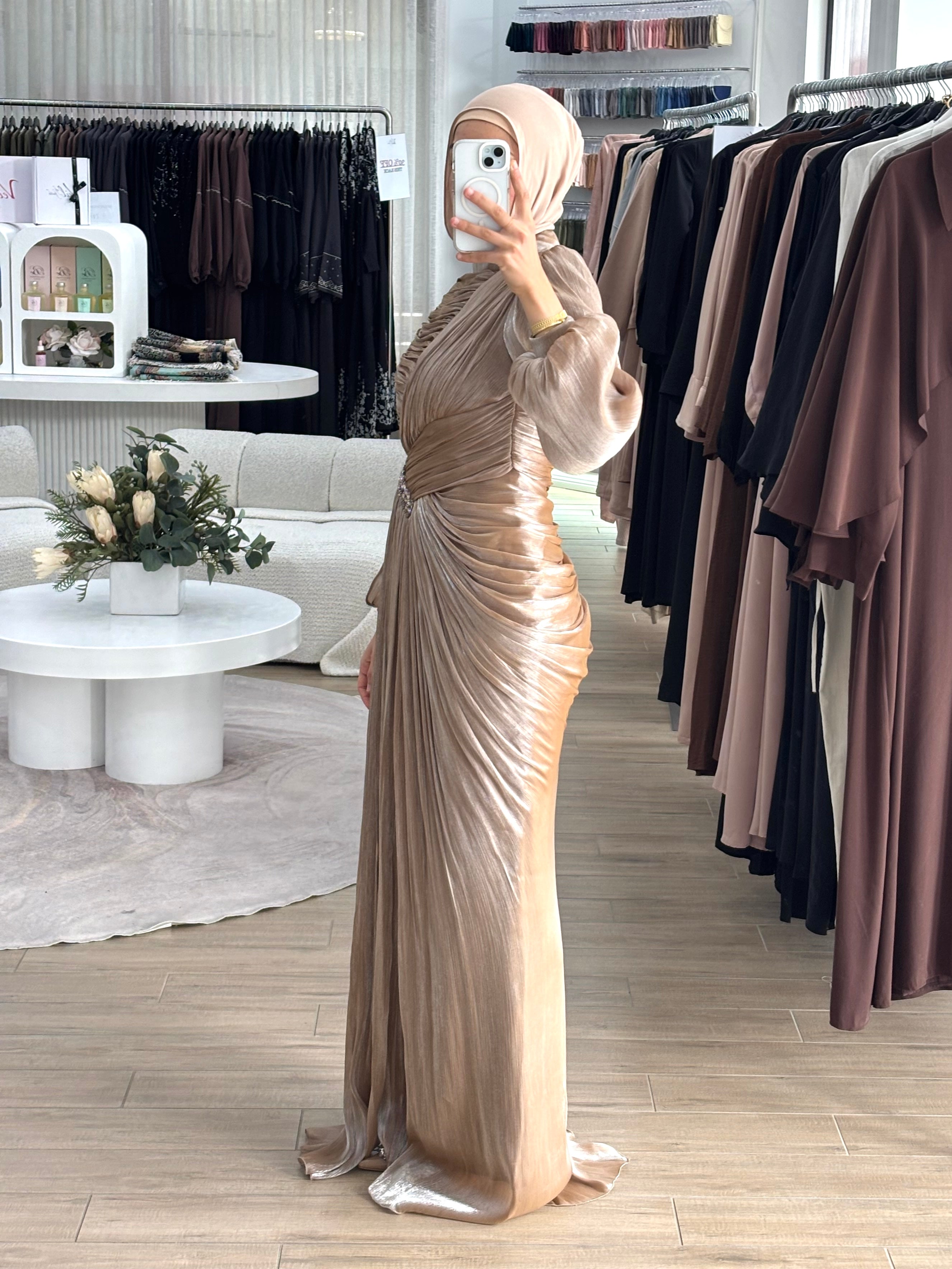 ALORA METALLIC FORMAL DRESS- CARAMEL