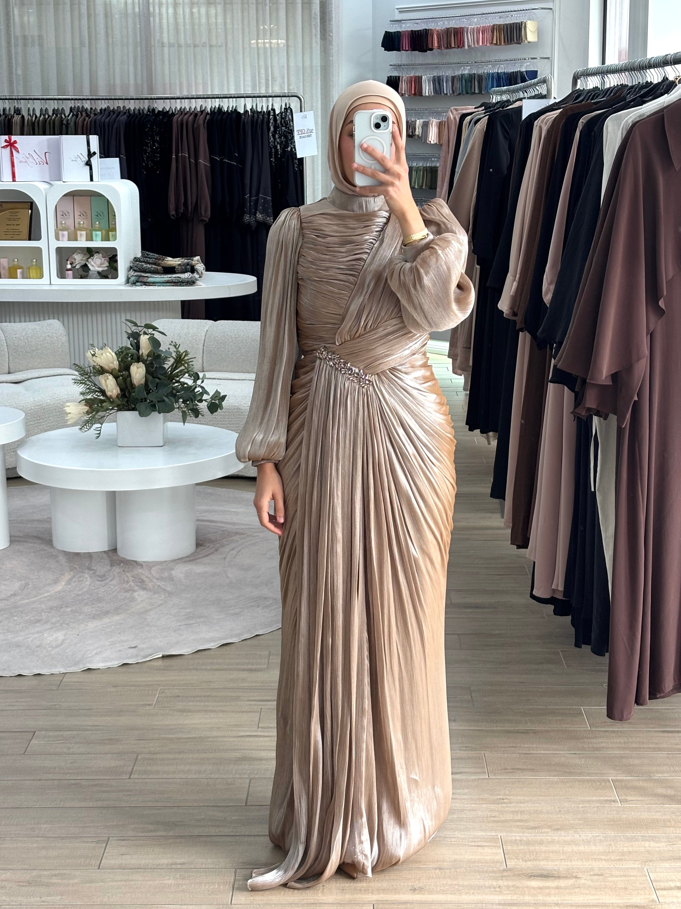 ALORA METALLIC FORMAL DRESS- CARAMEL