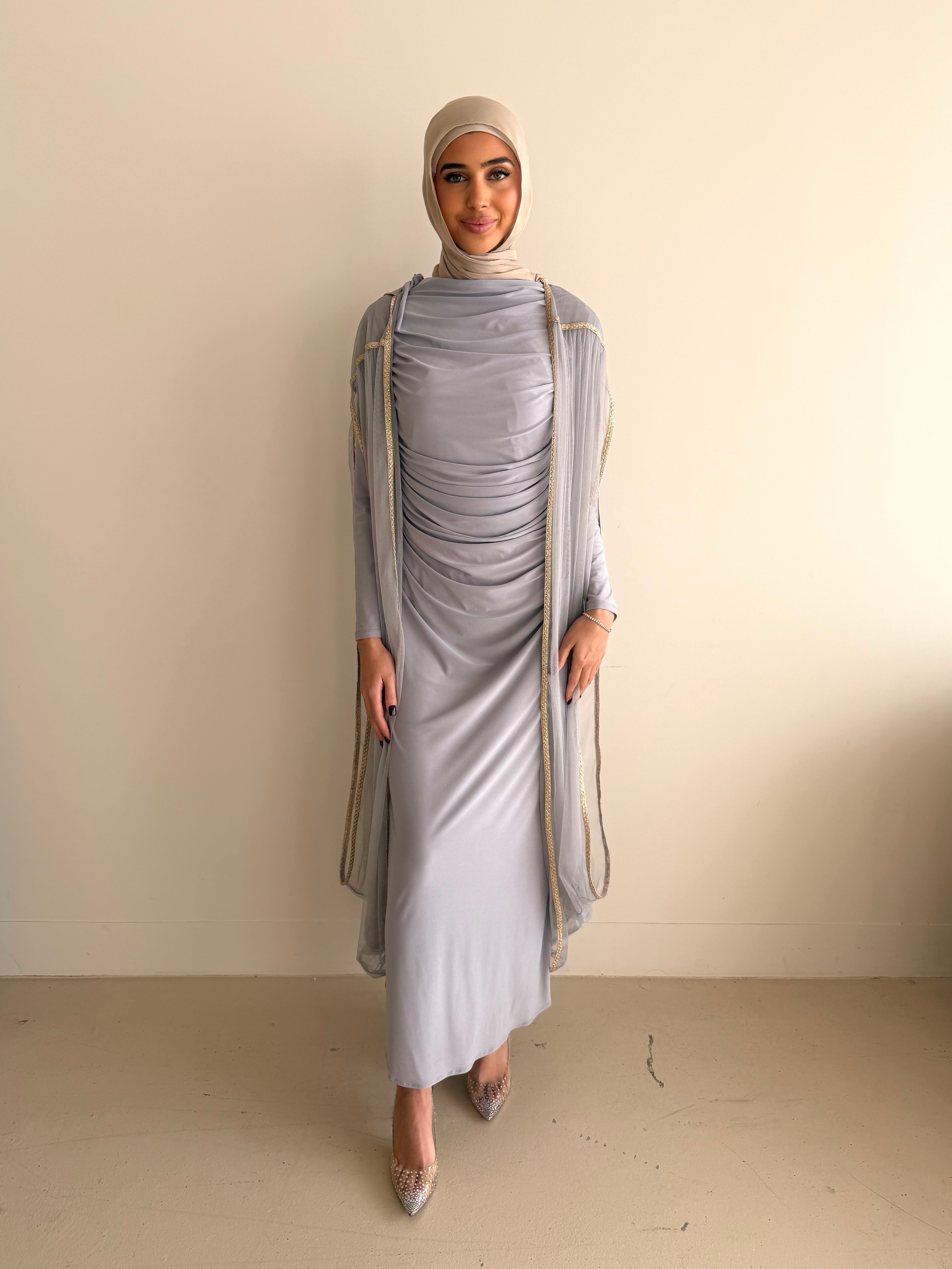 ZARIA RUCHED DRESS SET- LIGHT GREY