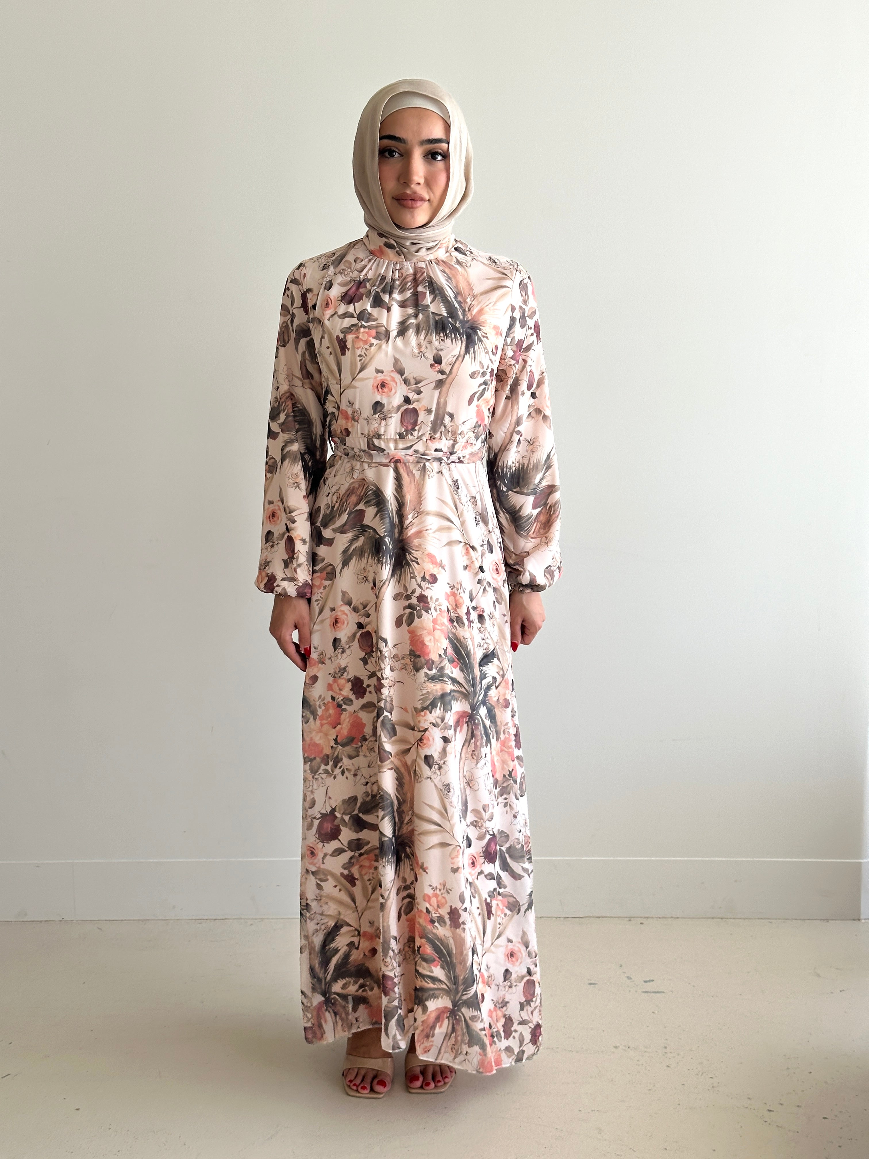 women's floral maxi dress for spring summer. It's full length with long sleeves and is a-line in chiffon fabrication. modest with full coverage. 