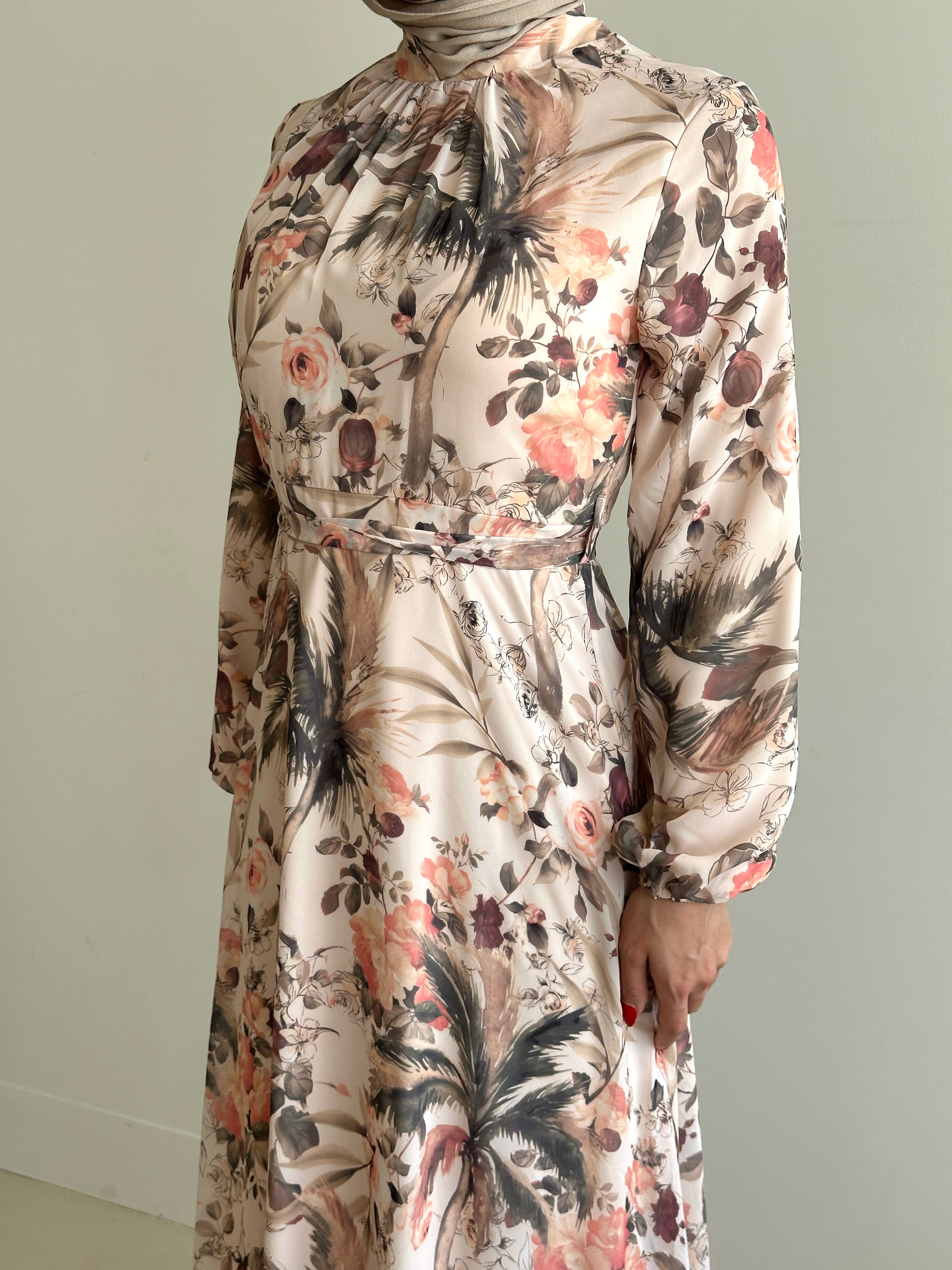 women's floral maxi dress for spring summer. It's full length with long sleeves and is a-line in chiffon fabrication. modest with full coverage. 