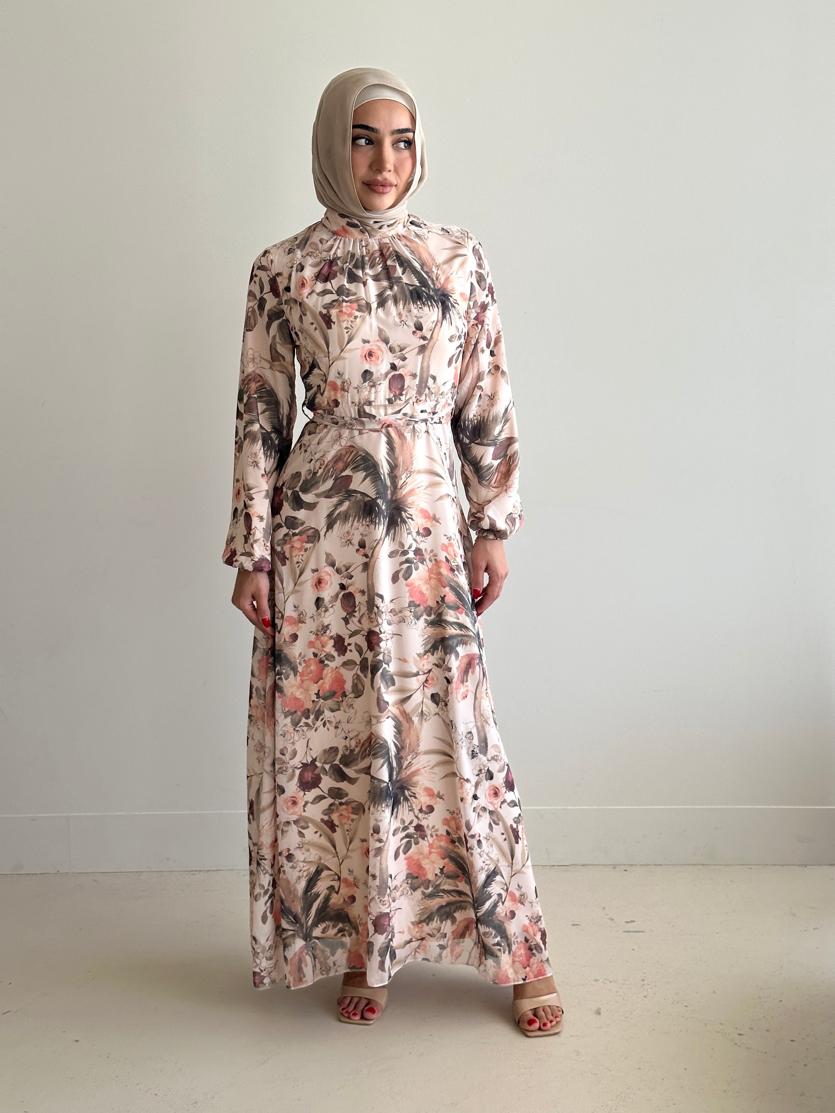 women's floral maxi dress for spring summer. It's full length with long sleeves and is a-line in chiffon fabrication. modest with full coverage. 