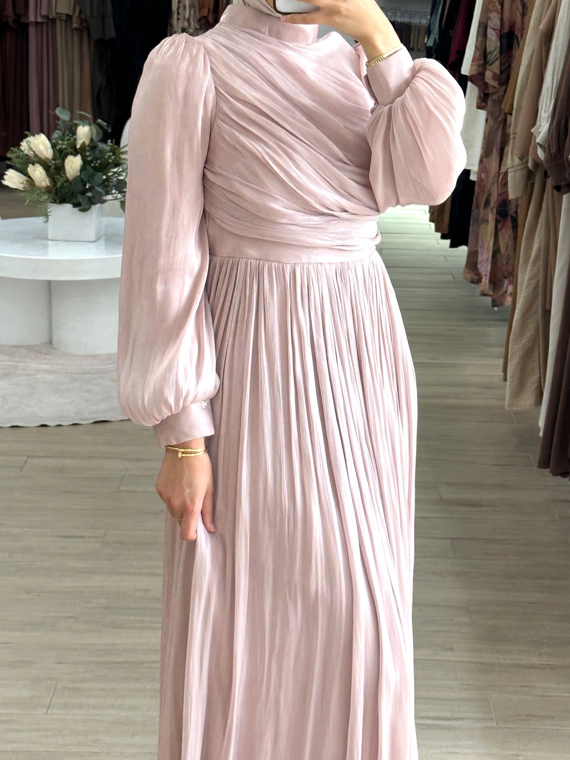 METALLIC RUCHE DRESS- BABY PINK