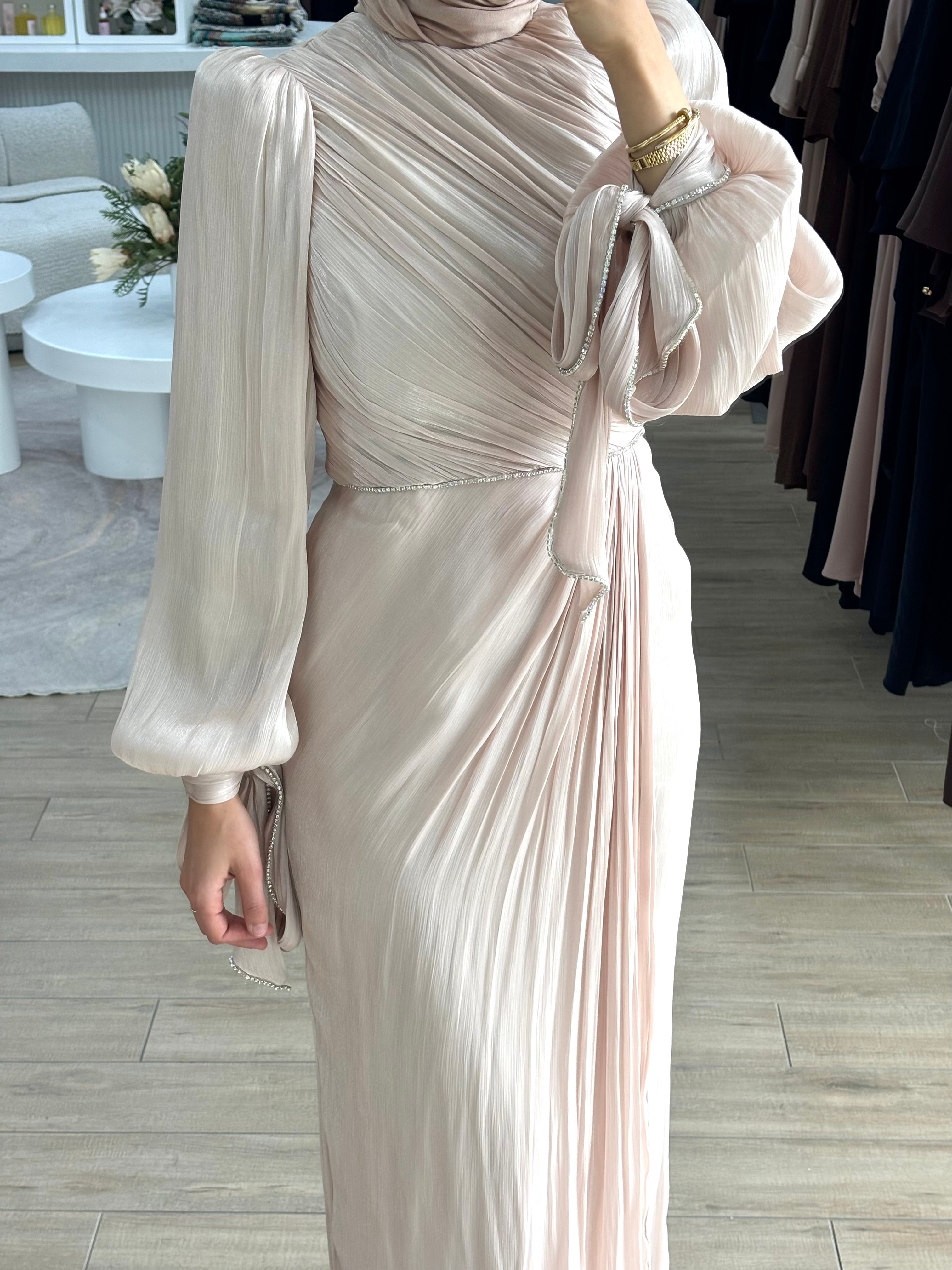 DIAMANTÉ RUCHED FORMAL DRESS- BLUSH