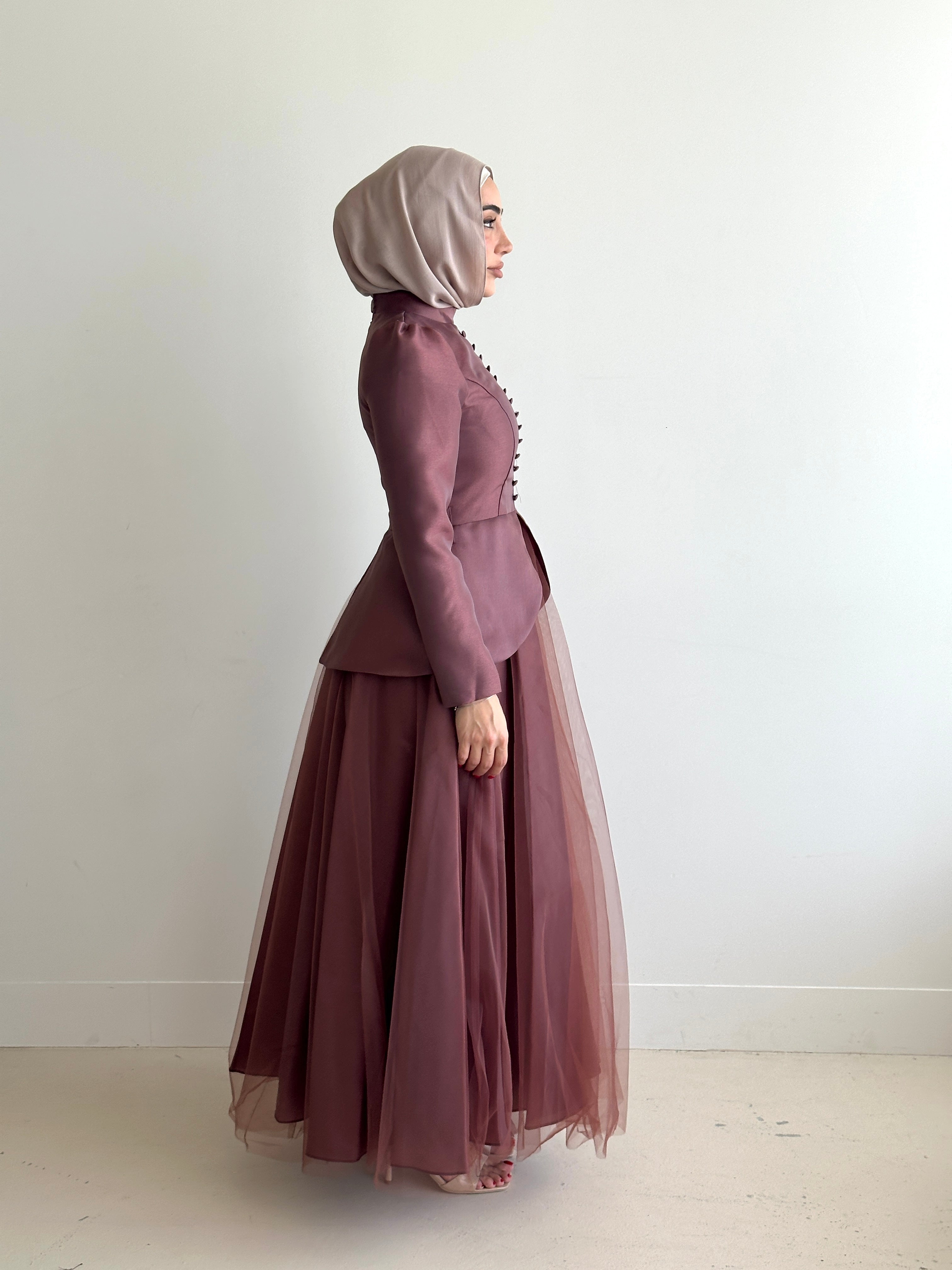 women's formal dress- full length, maxi, princess cut with full coverage and modest for hijabi fashion. Dress is feminine, suitable for events, engagement, fatiha, kk, nikkah wedding guest dress, formal or prom, etc. with tulle fabrication. 