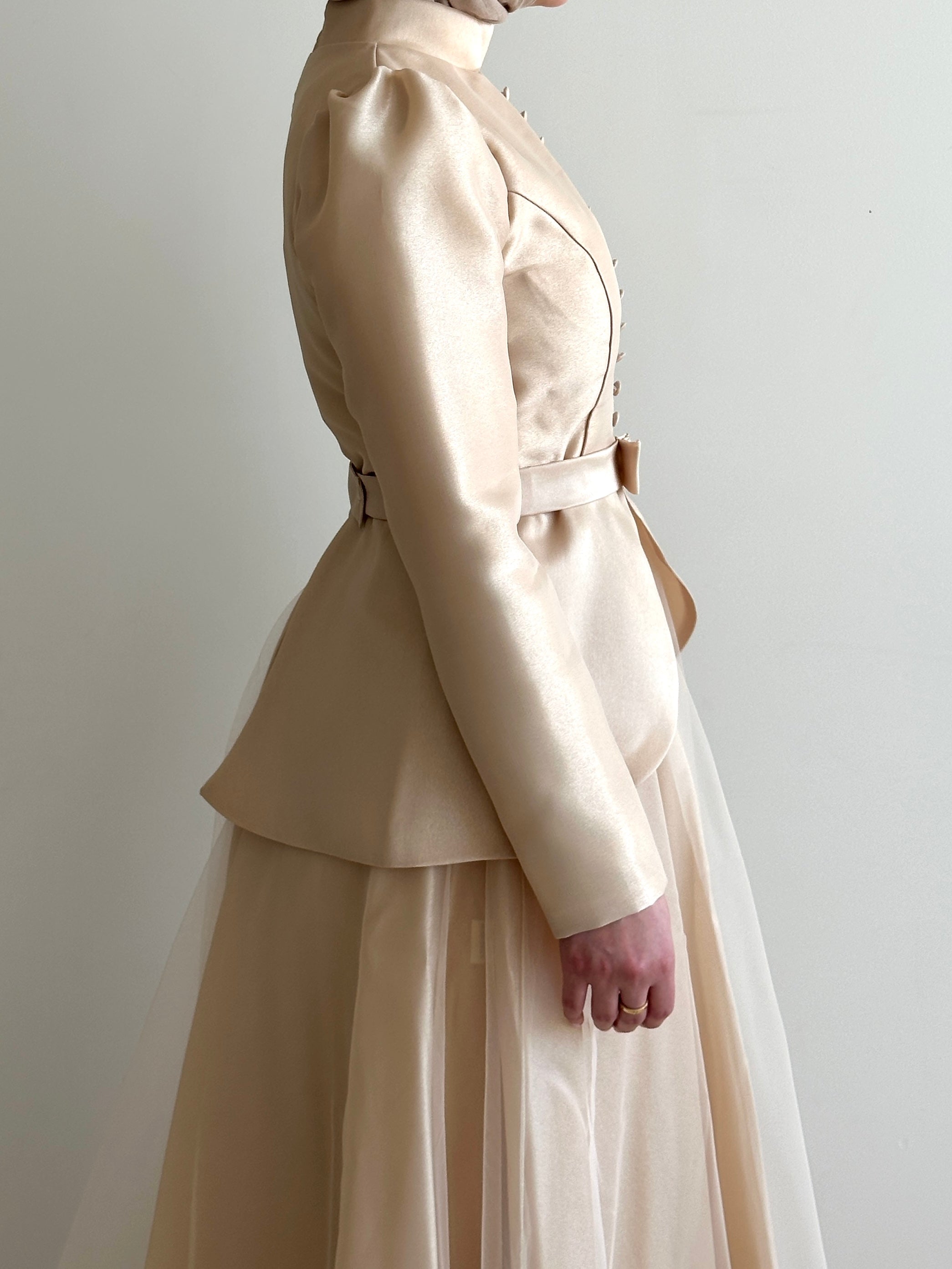 women's formal dress- full length, maxi, princess cut with full coverage and modest for hijabi fashion. Dress is feminine, suitable for events, engagement, fatiha, kk, nikkah wedding guest dress, formal or prom, etc. with tulle fabrication. 