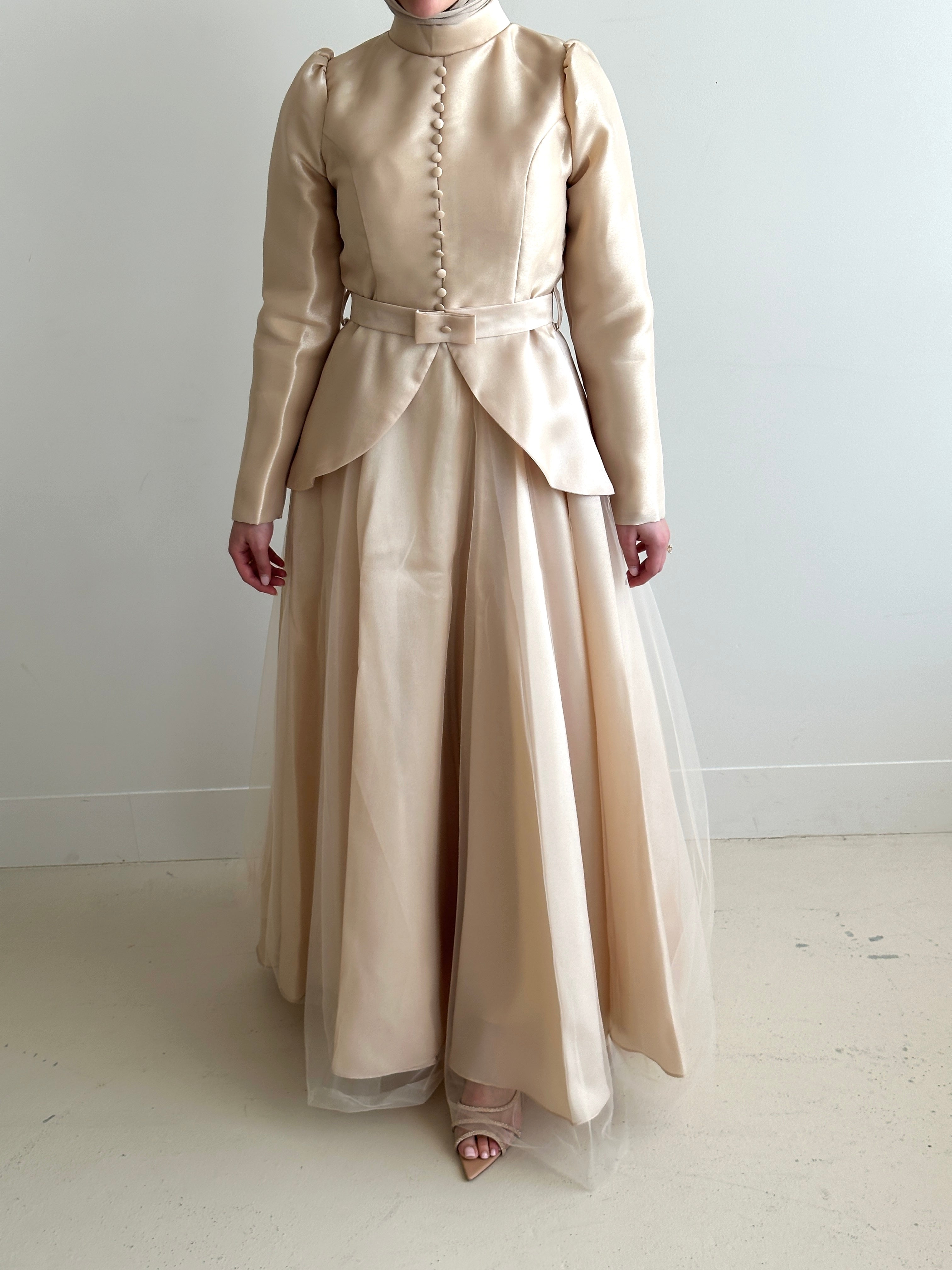 women's formal dress- full length, maxi, princess cut with full coverage and modest for hijabi fashion. Dress is feminine, suitable for events, engagement, fatiha, kk, nikkah wedding guest dress, formal or prom, etc. with tulle fabrication. 