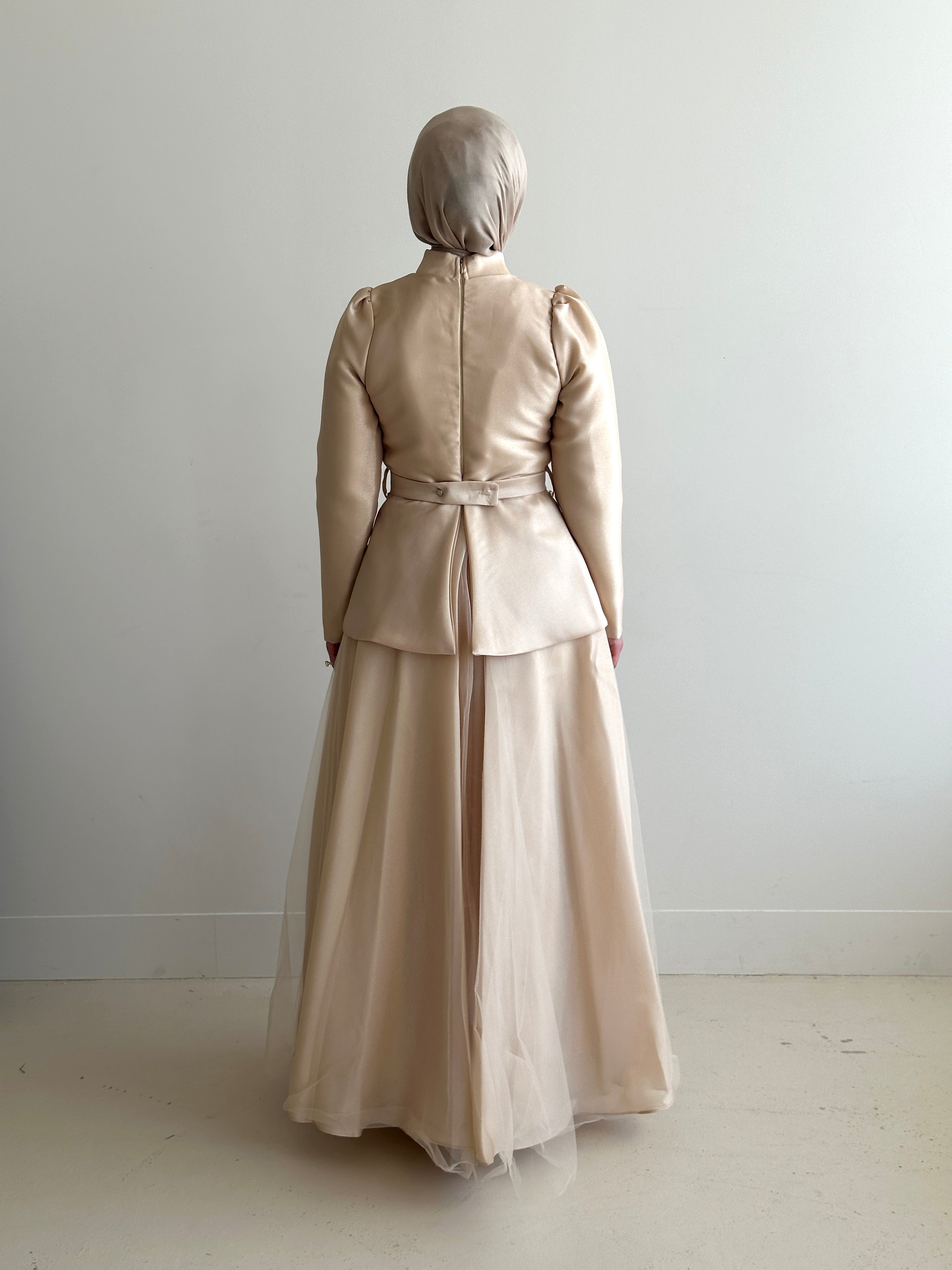 women's formal dress- full length, maxi, princess cut with full coverage and modest for hijabi fashion. Dress is feminine, suitable for events, engagement, fatiha, kk, nikkah wedding guest dress, formal or prom, etc. with tulle fabrication. 