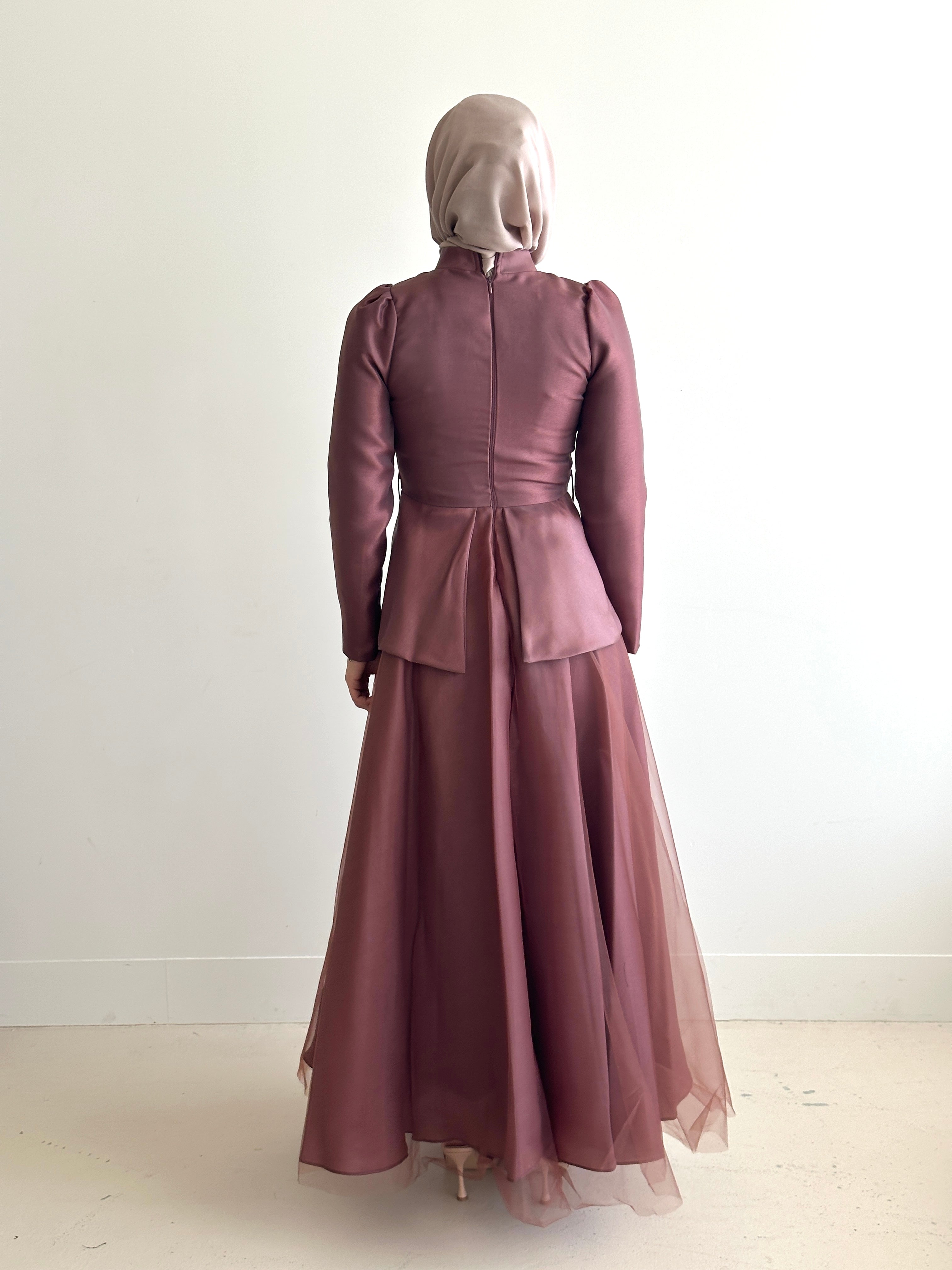women's formal dress- full length, maxi, princess cut with full coverage and modest for hijabi fashion. Dress is feminine, suitable for events, engagement, fatiha, kk, nikkah wedding guest dress, formal or prom, etc. with tulle fabrication. 