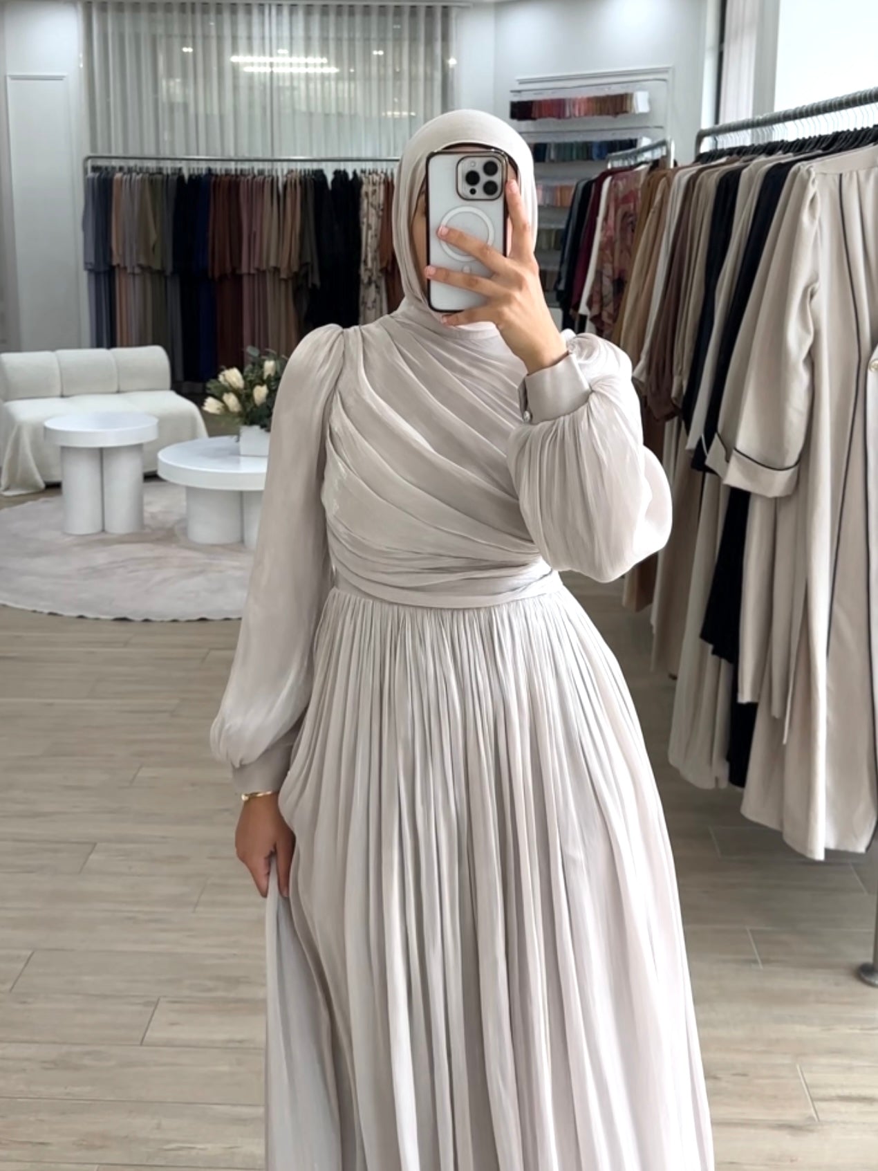 METALLIC RUCHE DRESS- STONE