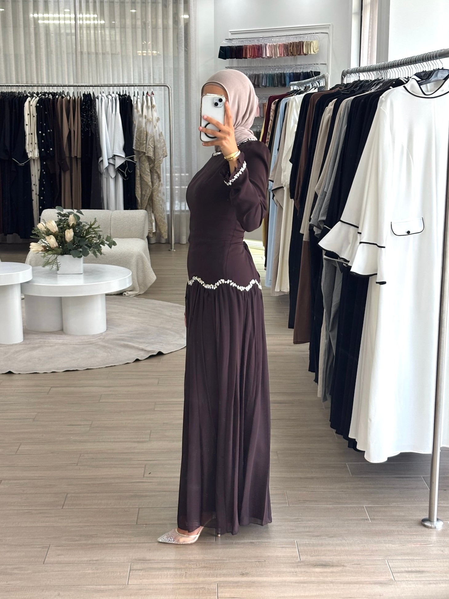 women's modest formal dress with full coverage, long sleeves, maxi full- length, features gem embellishment and fitted bodice with corset- style on the back. suitable for engagement, wedding guest, parties, events and formals. 