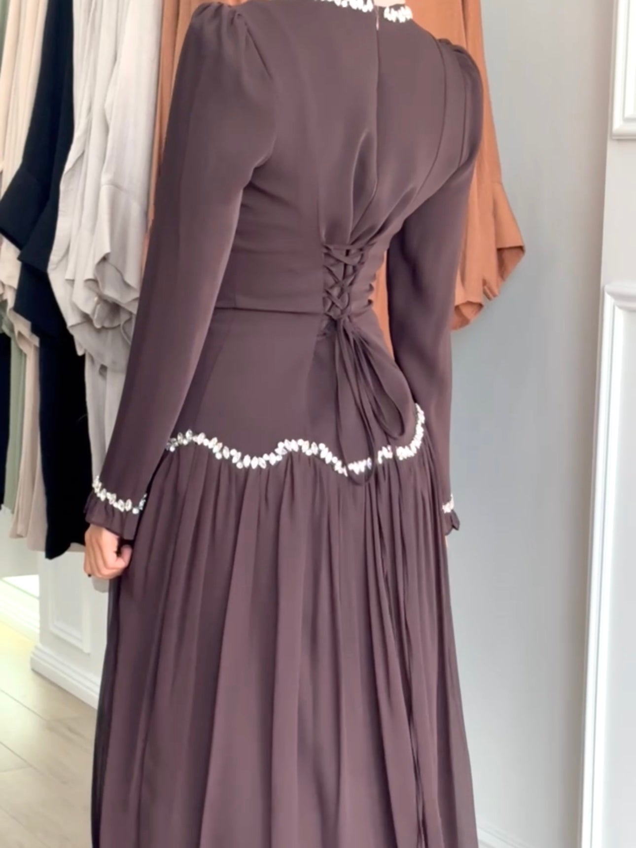 women's modest formal dress with full coverage, long sleeves, maxi full- length, features gem embellishment and fitted bodice with corset- style on the back. suitable for engagement, wedding guest, parties, events and formals. 