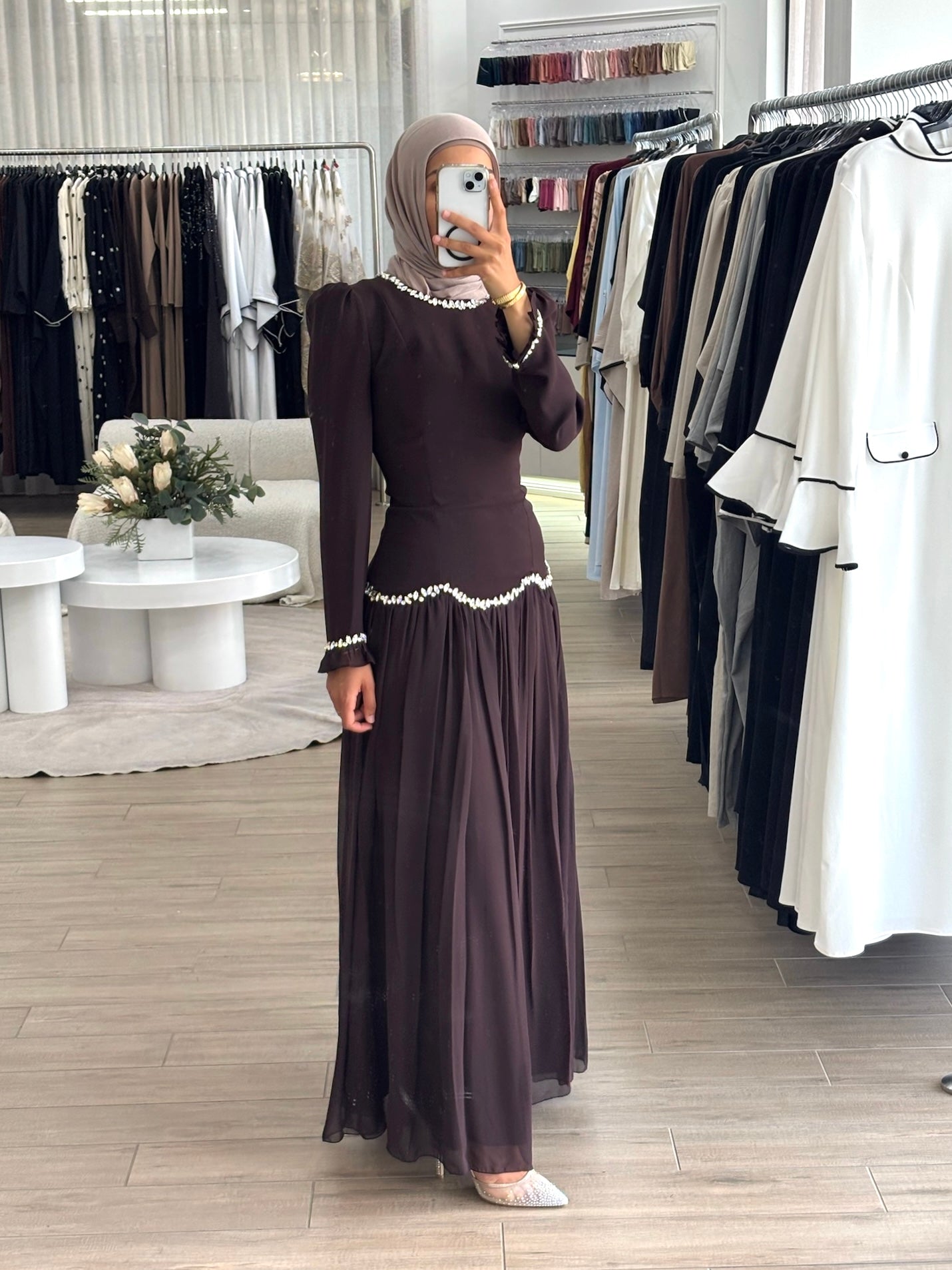 women's modest formal dress with full coverage, long sleeves, maxi full- length, features gem embellishment and fitted bodice with corset- style on the back. suitable for engagement, wedding guest, parties, events and formals. 
