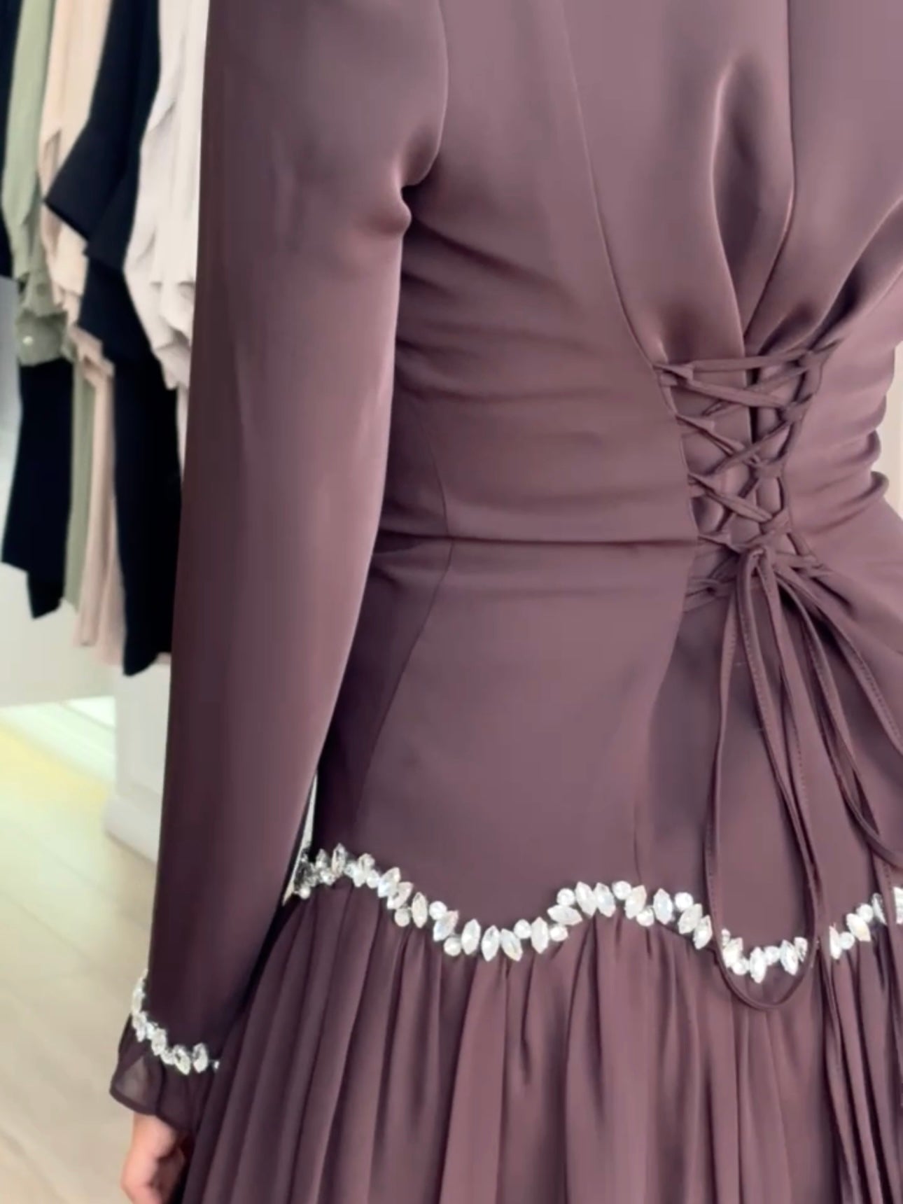 women's modest formal dress with full coverage, long sleeves, maxi full- length, features gem embellishment and fitted bodice with corset- style on the back. suitable for engagement, wedding guest, parties, events and formals. 