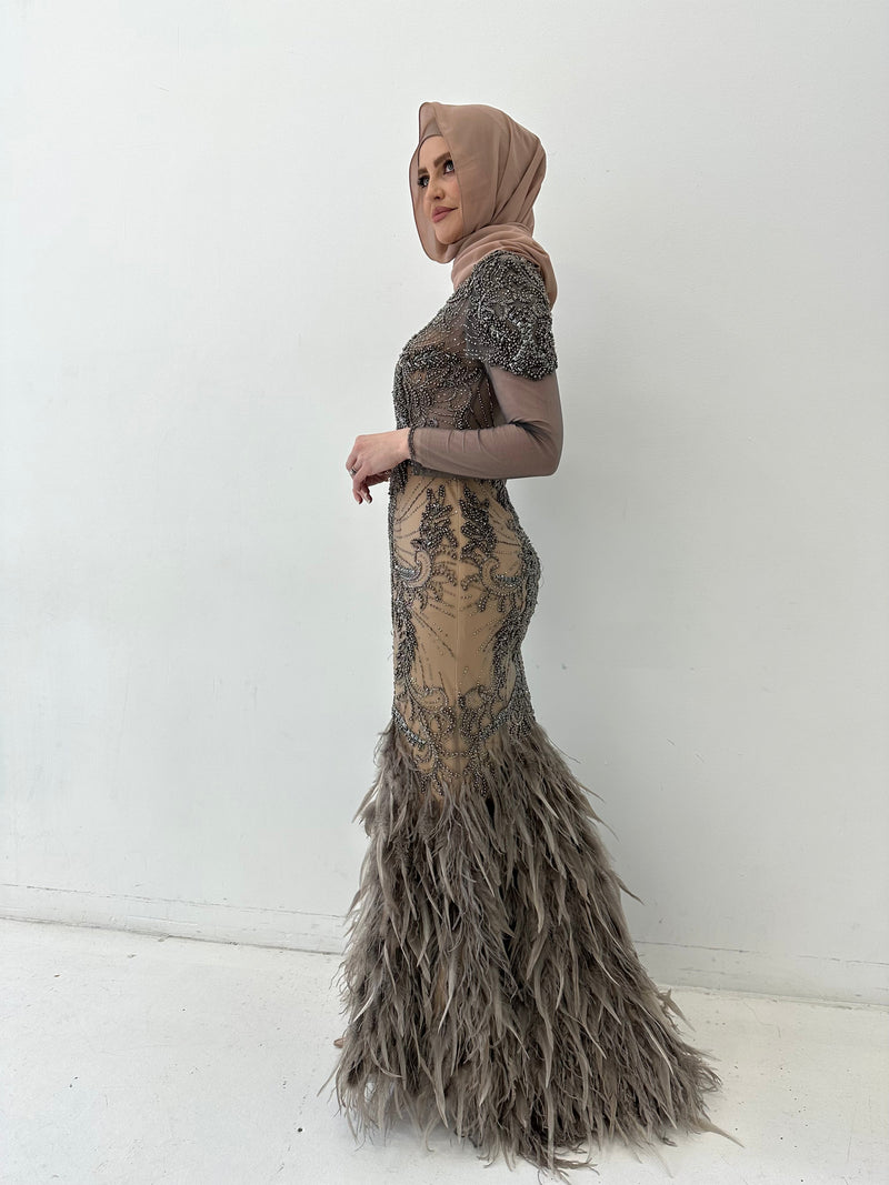 TERANI FEATHER HIRE GOWN