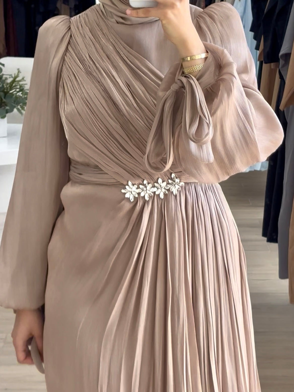 women's modest formal dress, hijabi friendly and is full coverage, full length, maxi and long sleeve with minimal embellishment, suitable for occasions, formals, engagements, nikkah, kk, pre-wedding events, weddings. 