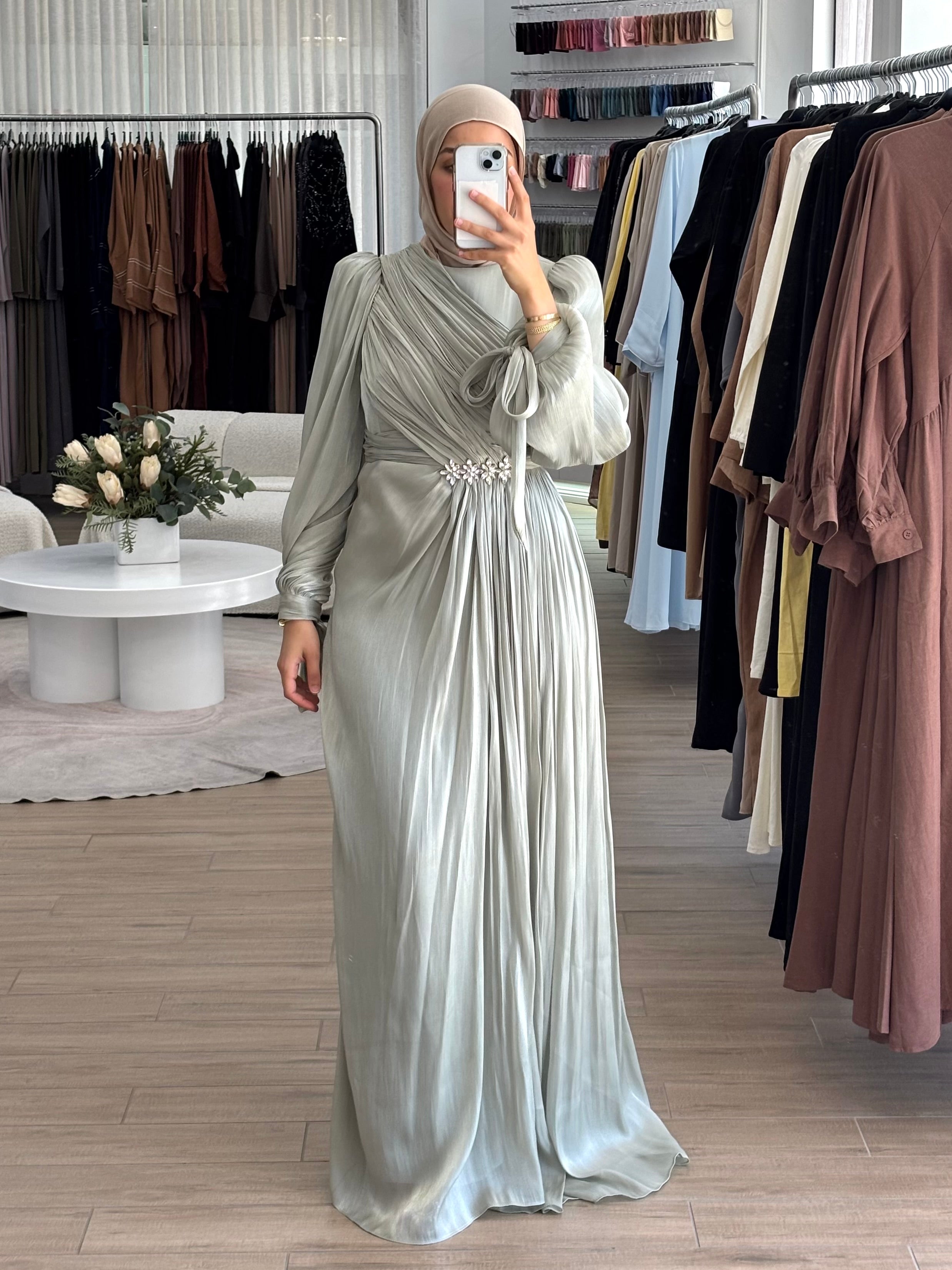 women's modest formal dress, hijabi friendly and is full coverage, full length, maxi and long sleeve with minimal embellishment, suitable for occasions, formals, engagements, nikkah, kk, pre-wedding events, weddings. 