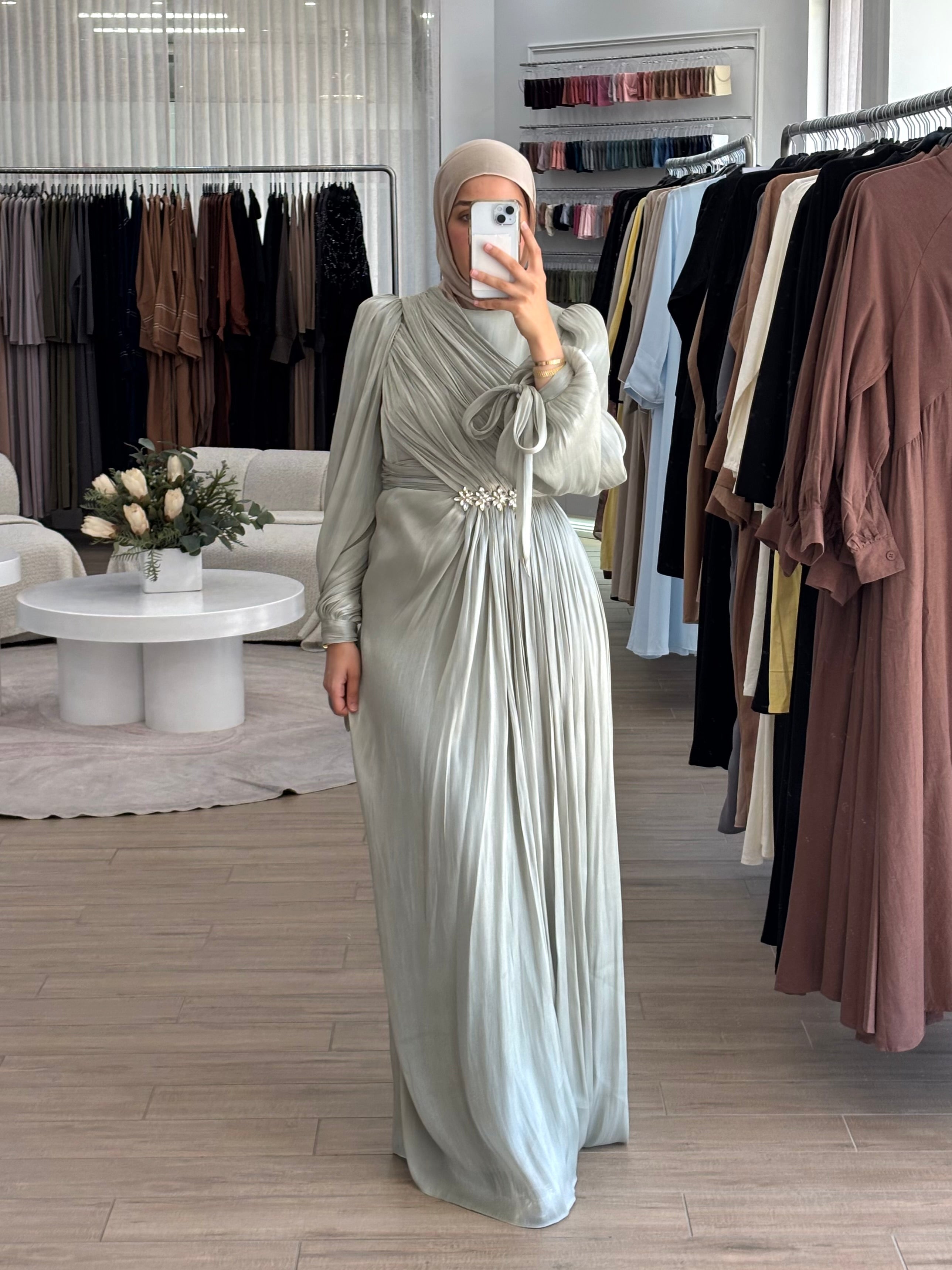 women's modest formal dress, hijabi friendly and is full coverage, full length, maxi and long sleeve with minimal embellishment, suitable for occasions, formals, engagements, nikkah, kk, pre-wedding events, weddings. 