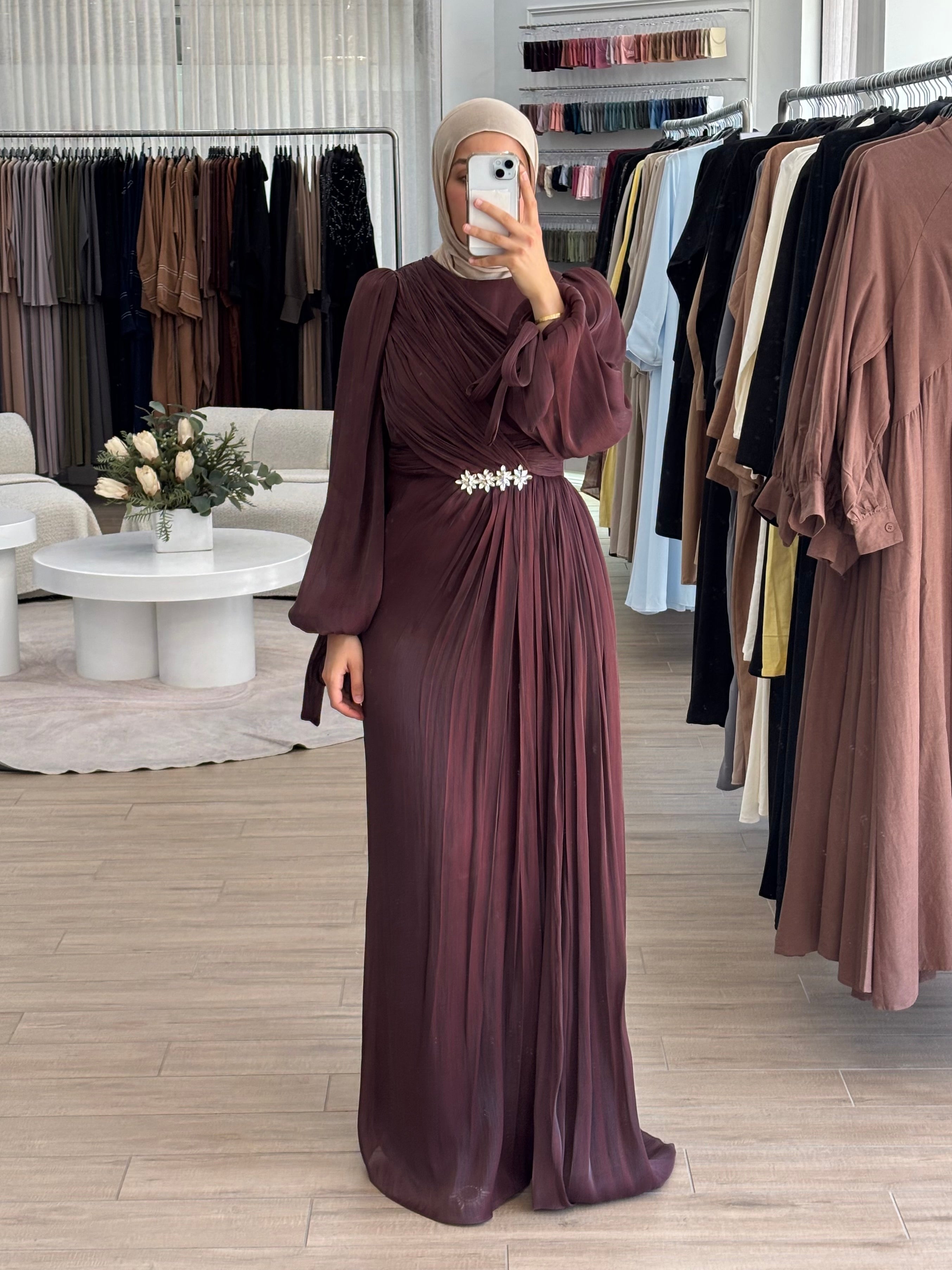 women's modest formal dress, hijabi friendly and is full coverage, full length, maxi and long sleeve with minimal embellishment, suitable for occasions, formals, engagements, nikkah, kk, pre-wedding events, weddings. 